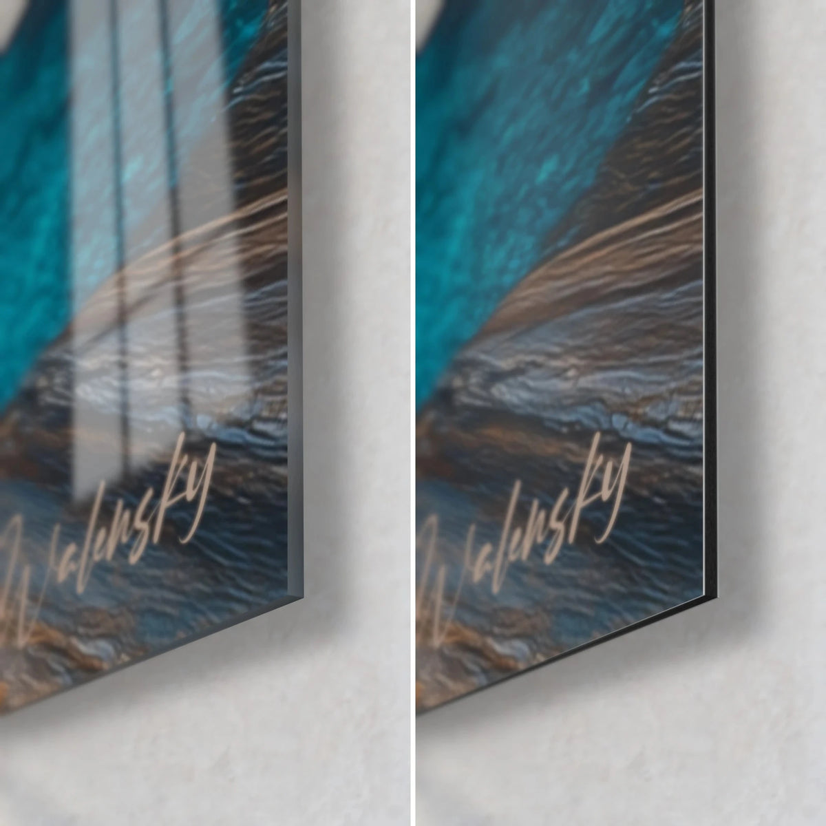 Quadro bacino turchese delle Highlands, angolo in basso a destra: vetro acrilico lucido che riflette la parete, alluminio Dibond opaco marrone, bordo di 3 mm