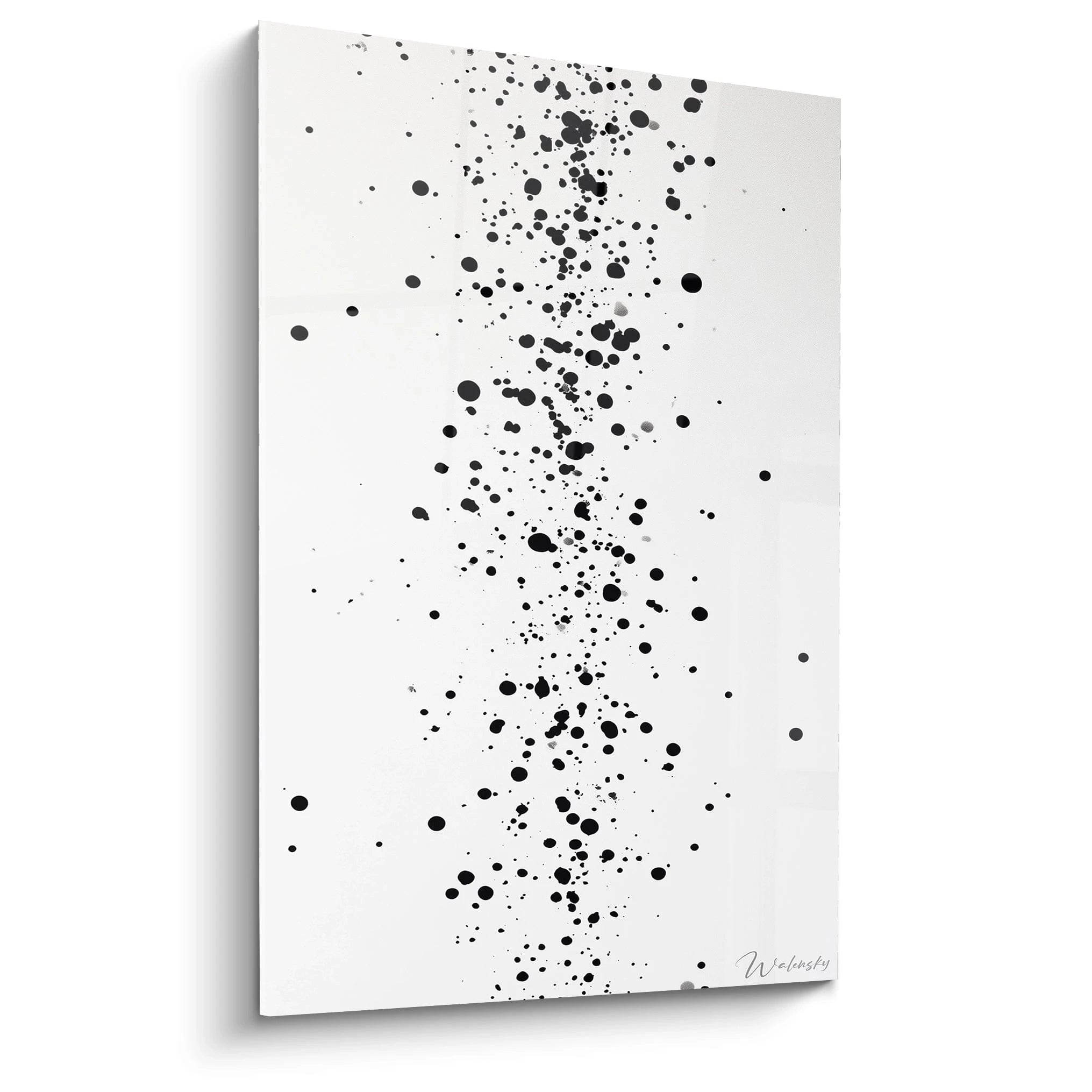 Tableau tacheté noir et blanc de Walensky avec des éclats de peinture uniques sur fond clair