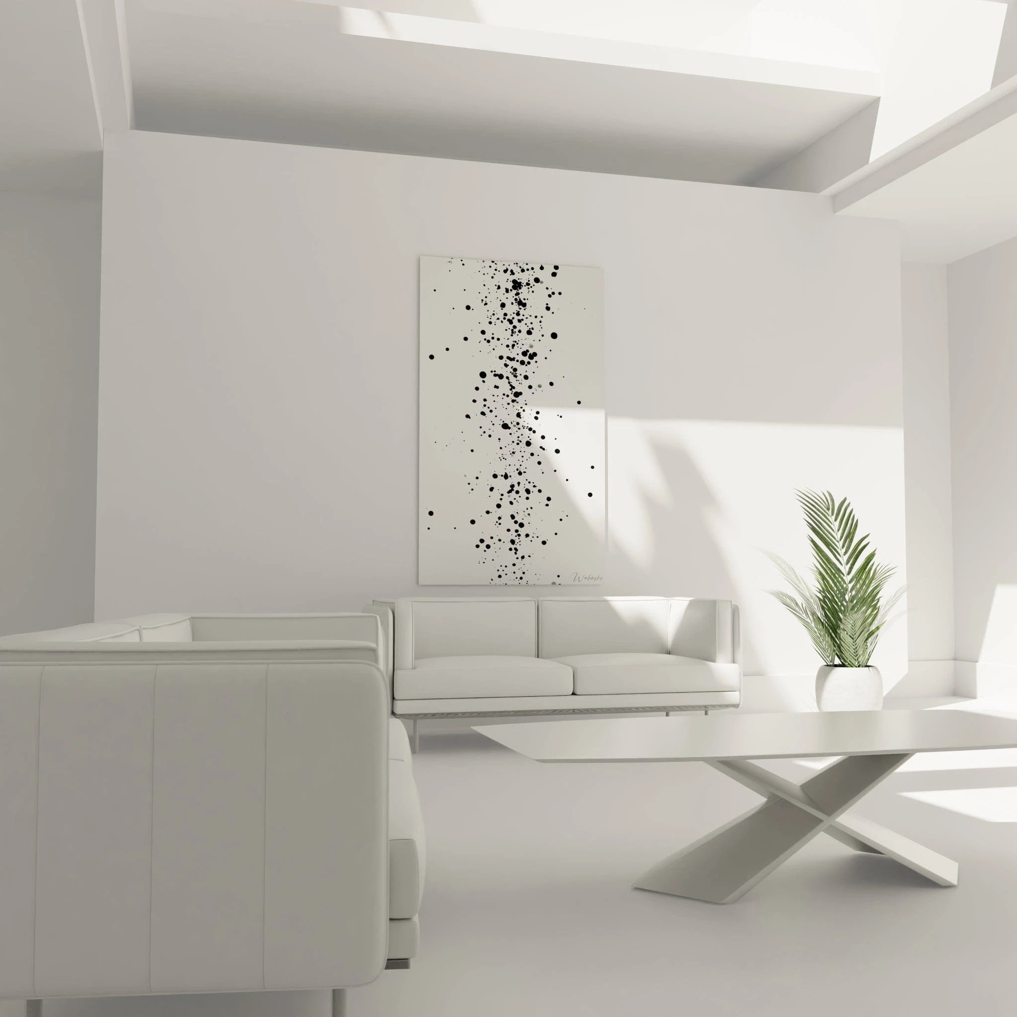 Tableau tacheté noir et blanc Walensky sur mur blanc dans un salon moderne minimaliste