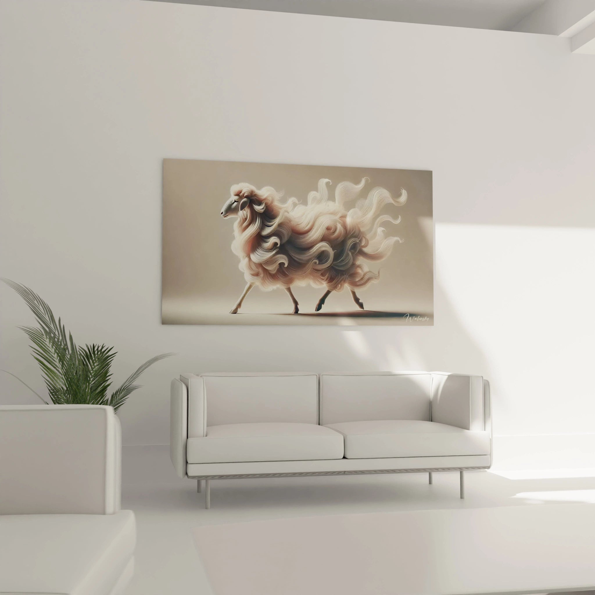 Accroche dans un salon au-dessus du canape, ce tableau mouton inspire la serenite. Les contrastes naturels de beige et marron s’harmonisent avec un decor contemporain chaleureux.