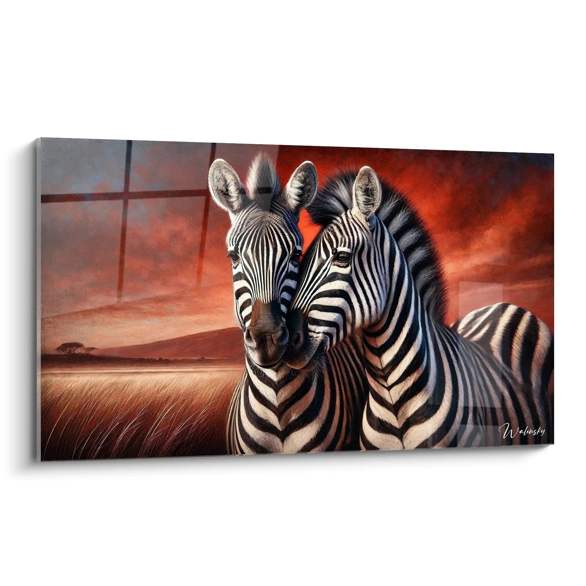 Ce tableau zebre, vu de biais, montre deux zebres majestueux dans une savane au coucher du soleil. Le contraste entre les rayures noires et blanches et les couleurs chaudes offre une touche sauvage et moderne.