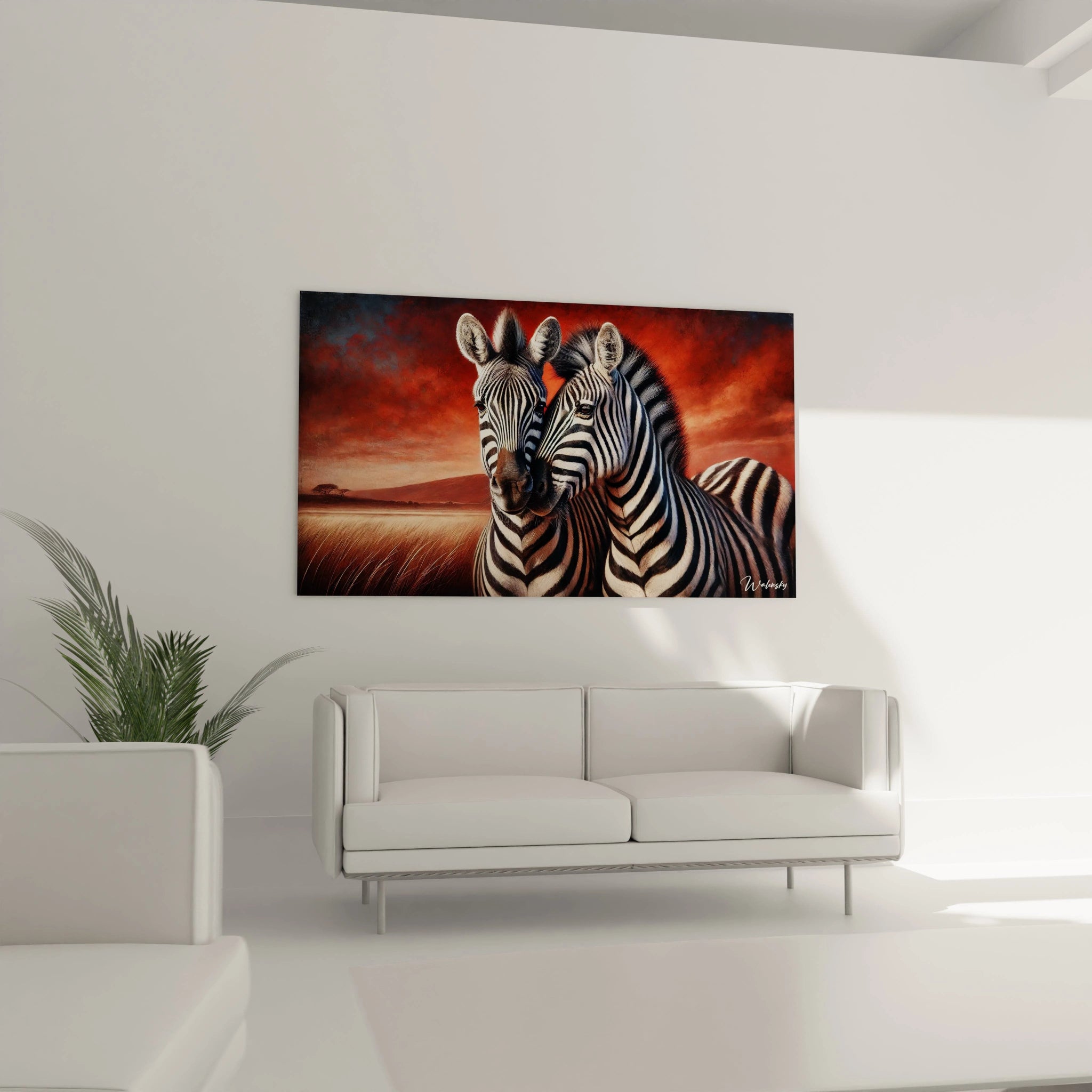 Sublime ton salon avec ce tableau zebre au-dessus de ton canapé. L'equilibre entre la faune sauvage et les couleurs chaudes crée une ambiance sereine et contemporaine dans ton espace de vie.
