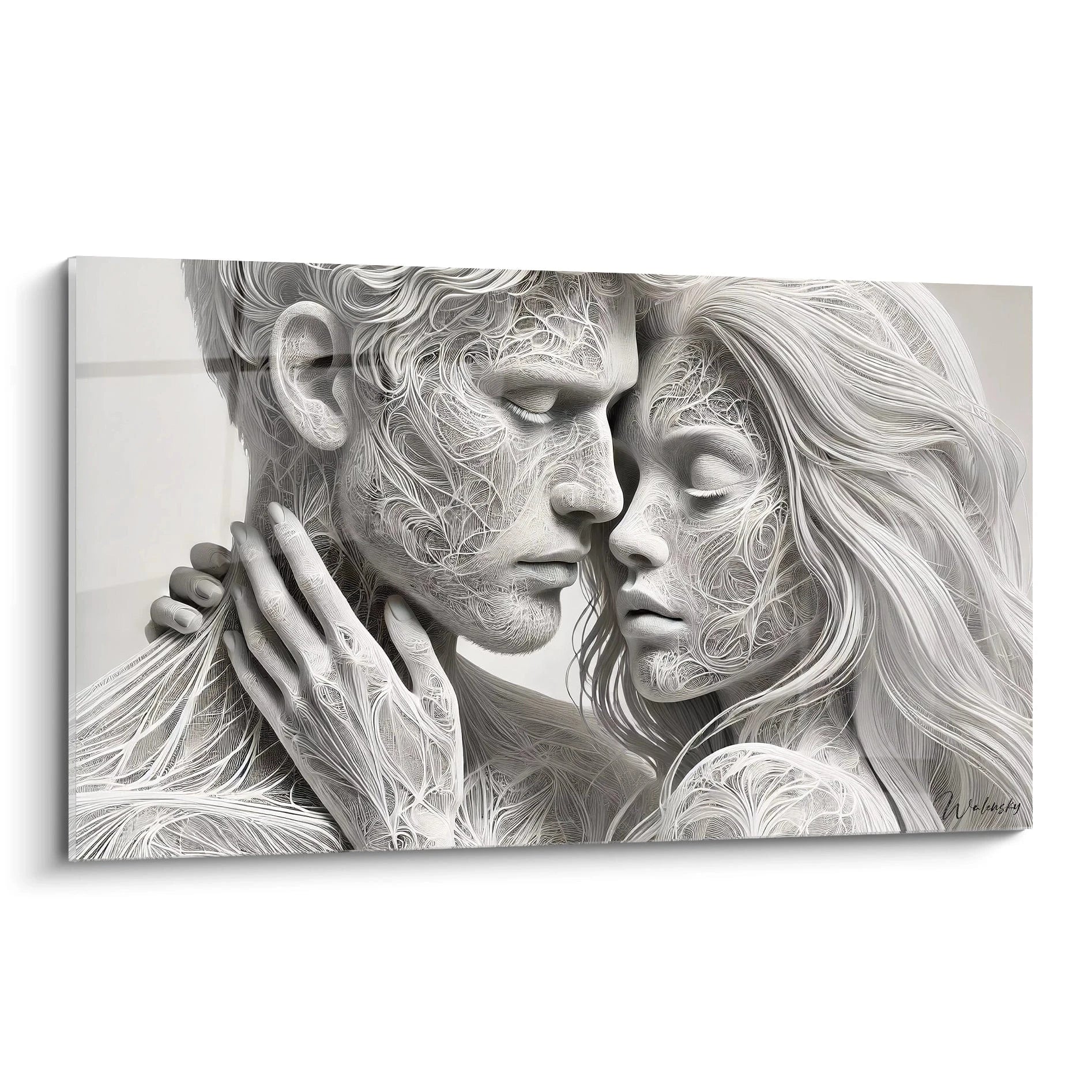 Vue de biais ce tableau amour revele une harmonie delicate entre textures sculpturales et lignes entrelacees symbolisant l'intimite et la tendresse