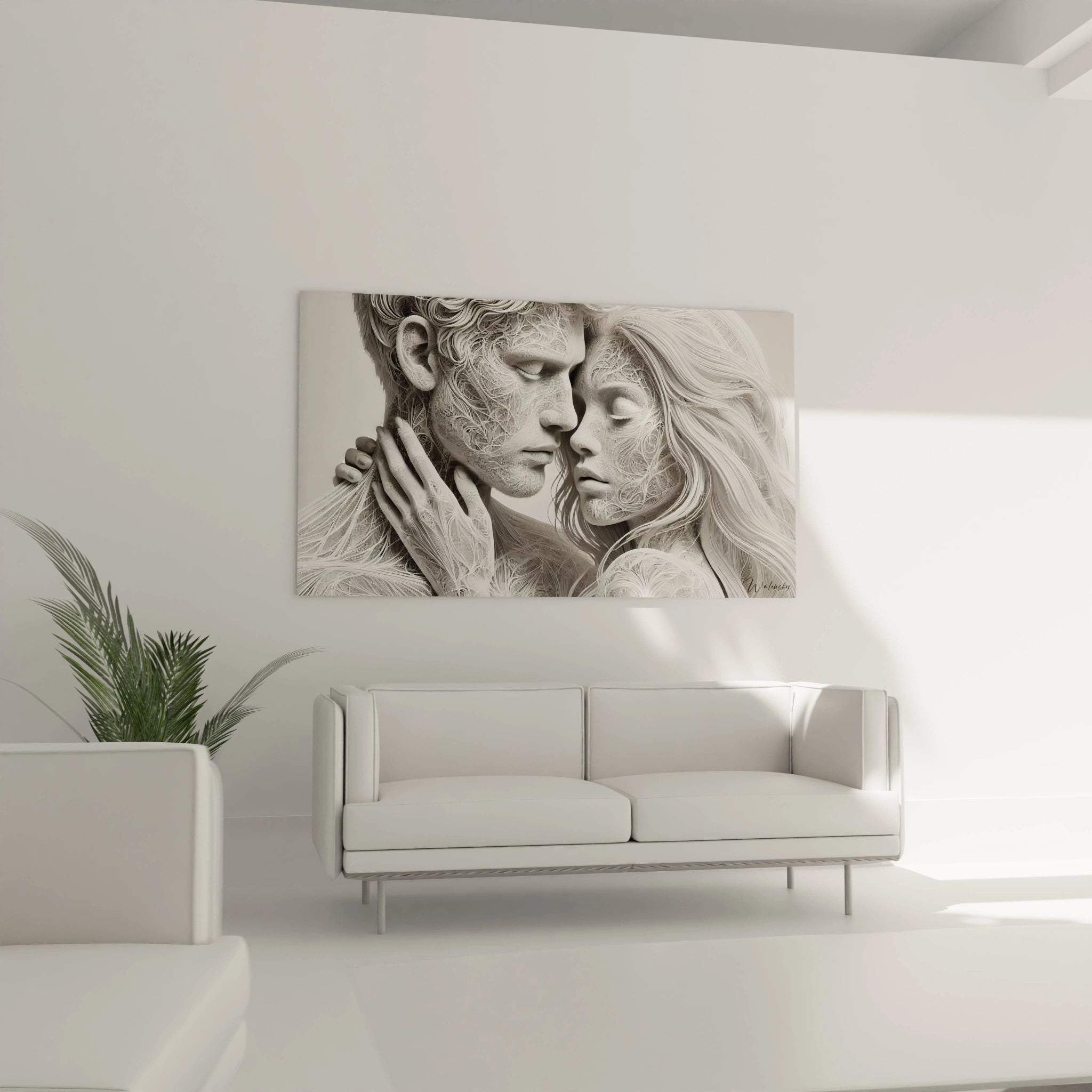 Le tableau amour sublime le salon au-dessus du canape avec sa representation sculpturale de la fragilite et de l'interconnexion