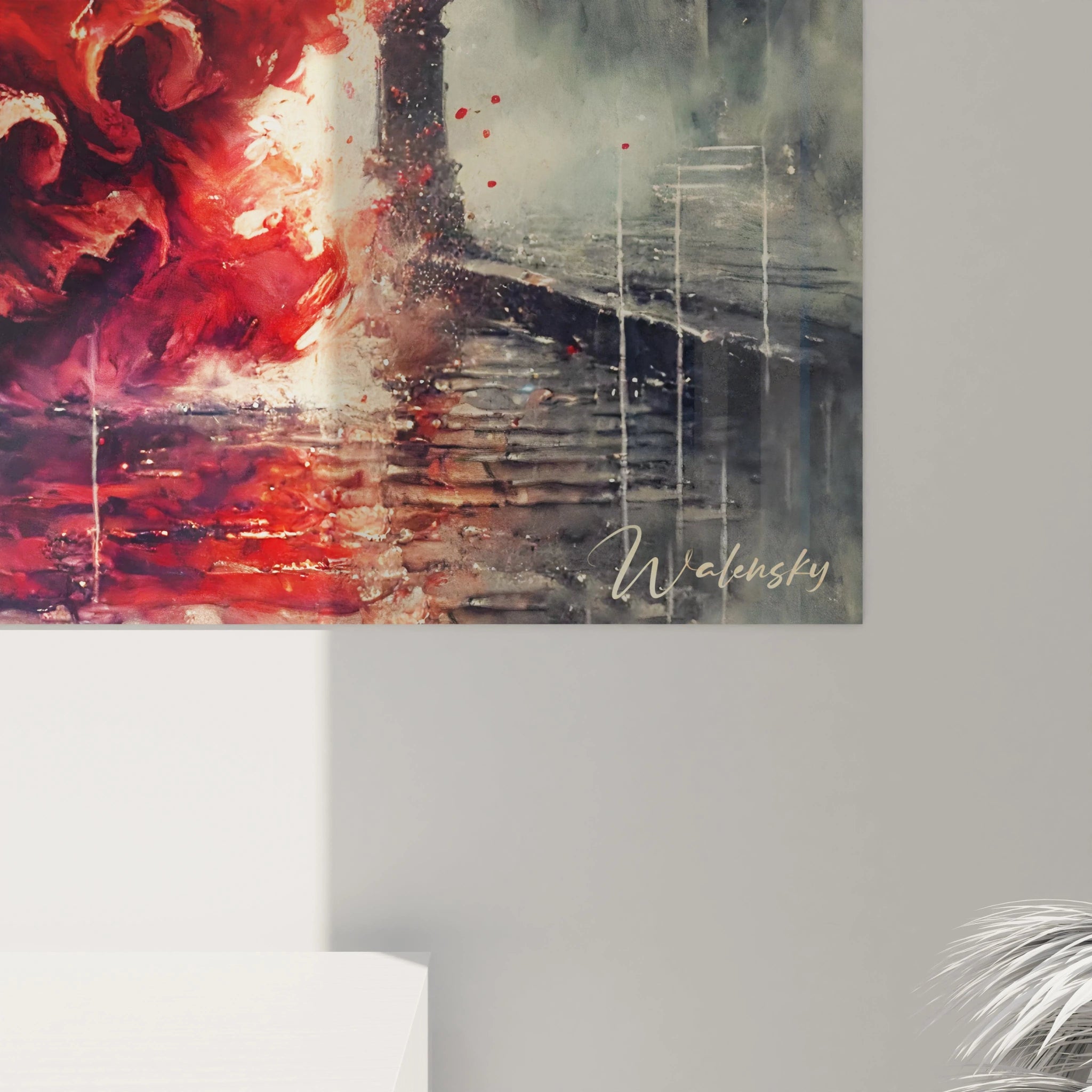 Vue de pres, ce tableau amour revele des details captivants: reflets des pavés mouilles, robe rouge virevoltante, halo lumineux. Chaque touche exprime la beaute intemporelle de l'amour.