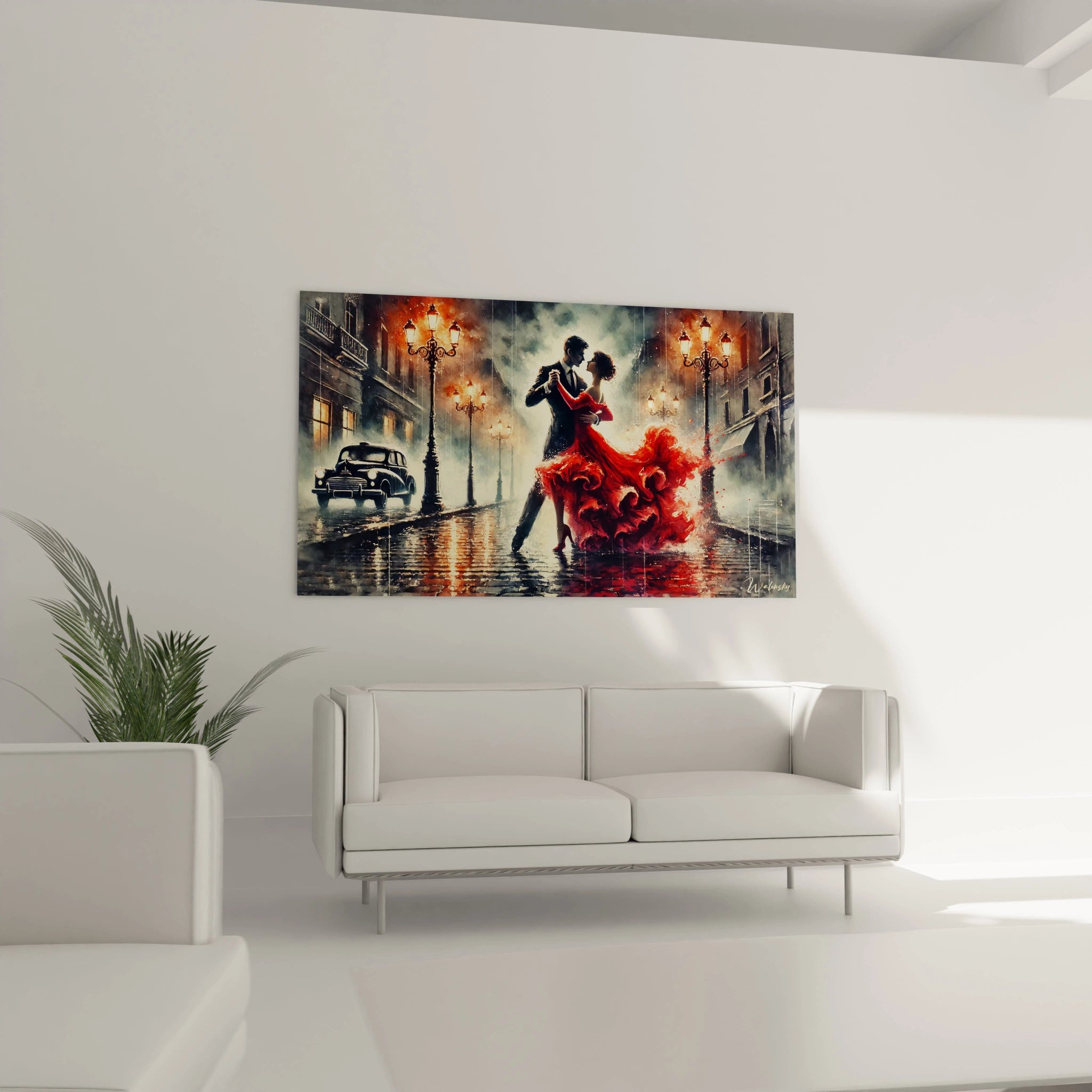 Dans un salon, ce tableau amour au-dessus du canapé attire tous les regards. Ses couleurs vibrantes et son ambiance theatrale ajoutent une note de passion et d'elegance a la piece.