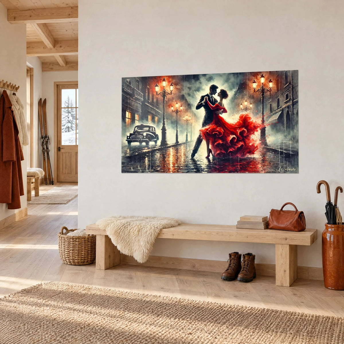 Tableau danseuse en robe à volants carmin tournoyant dans une rue pavée, brume grise et réverbères ambrés, vue de trois-quarts dans un chalet