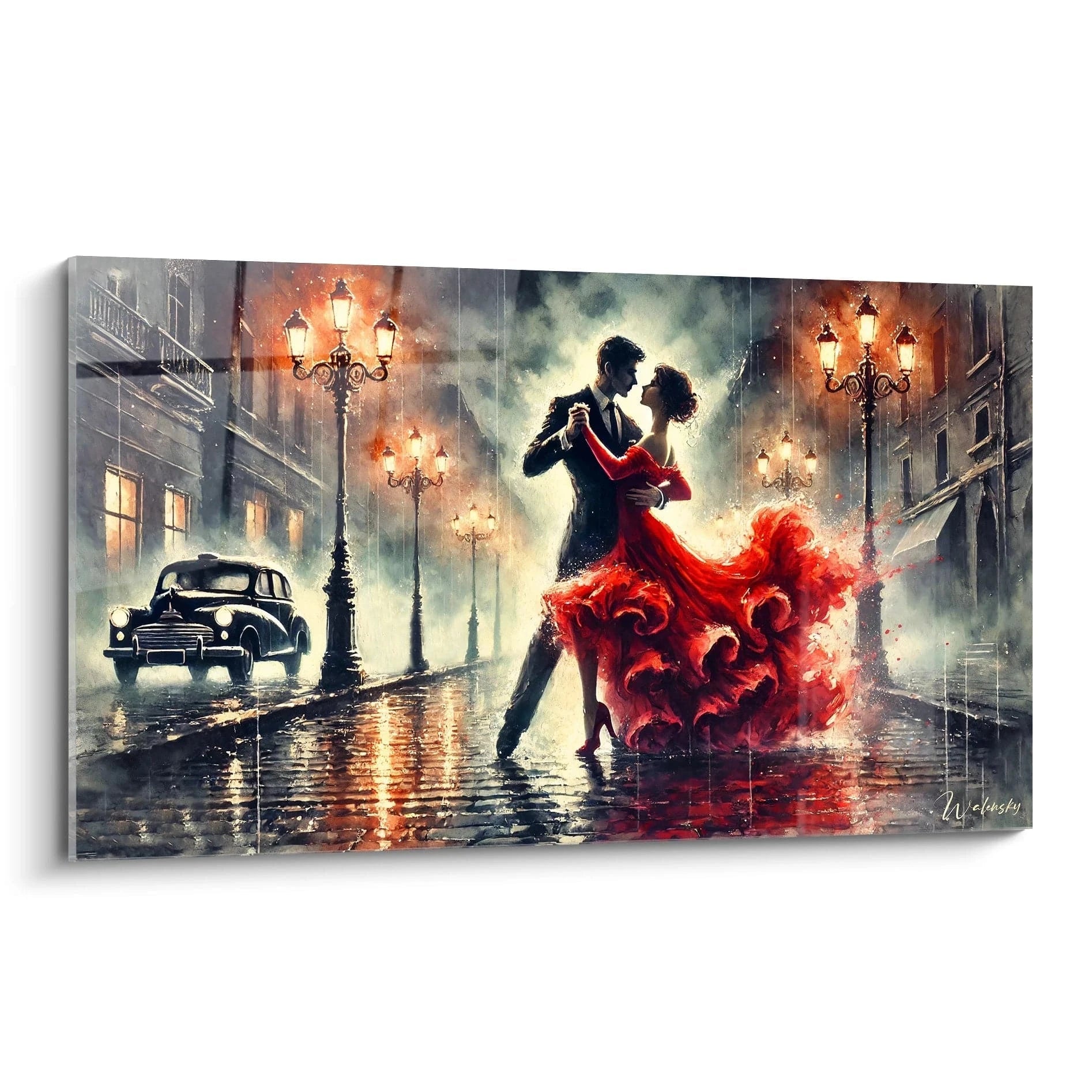 Admirez ce tableau amour vu de biais, une danse passionnée sous la pluie. Ses couleurs vives et contrastes captivent l'oeil, apportant romantisme et chaleur a votre interieur.