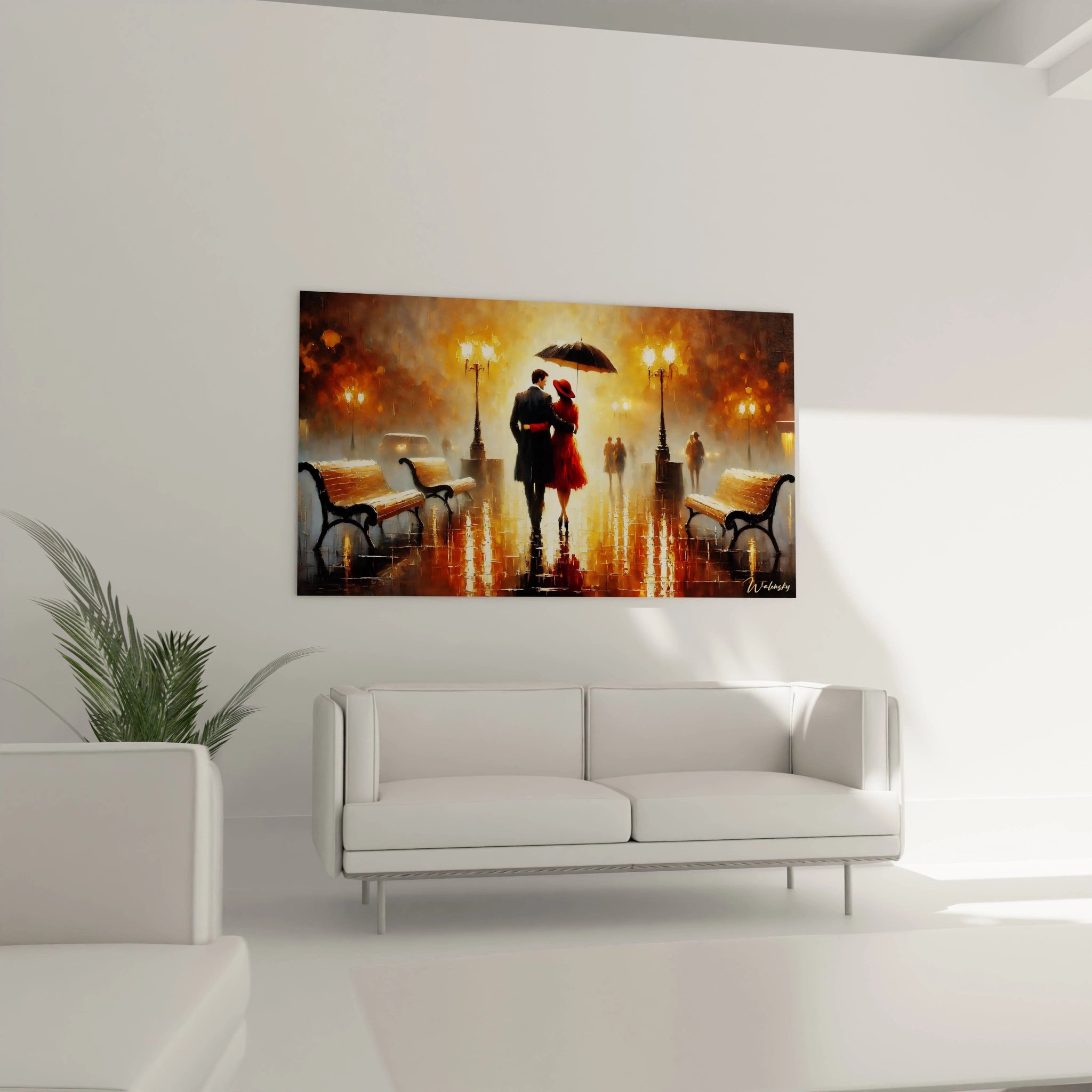 Dans un salon, ce tableau amour au-dessus d'un canapé devient le point focal. Sa robe rouge et ses reflets dorés ajoutent une touche d'émotion et de sophistication à votre décoration.