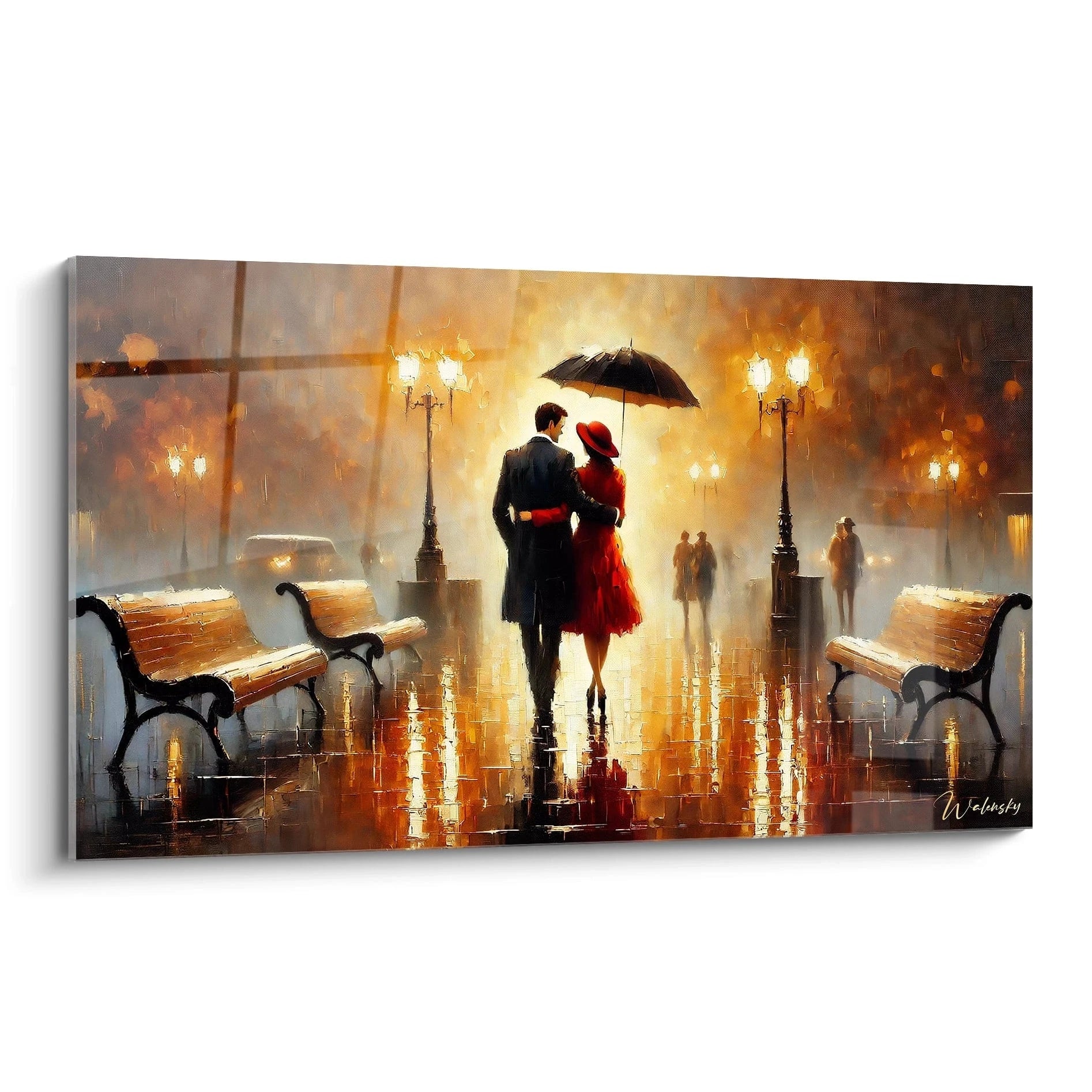 Vue de biais, ce tableau amour révèle chaque détail romantique de sa scène. Un couple sous la pluie, éclairé par des lampadaires dorés, incarne l'intimité et la nostalgie.