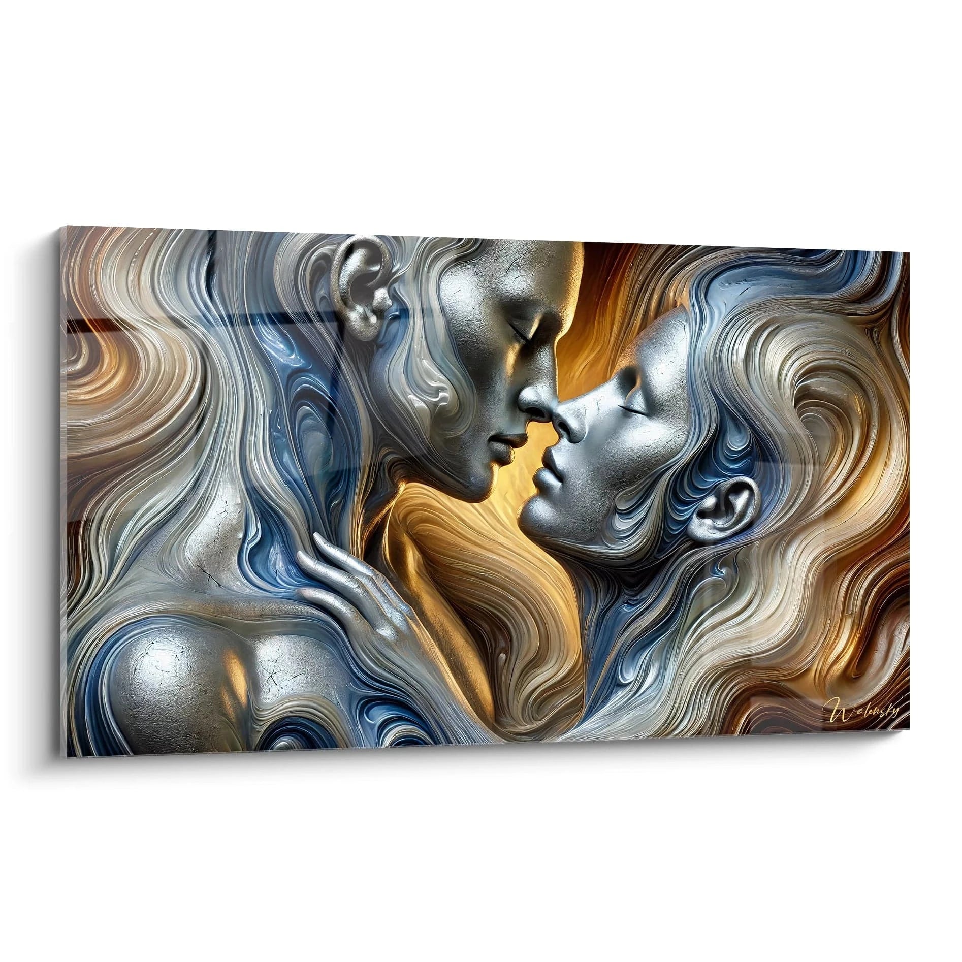 Tableau amour vu de biais, capture l'intimité et la fusion des âmes avec des nuances argent, or et bleu, parfait pour une ambiance poétique et contemporaine.