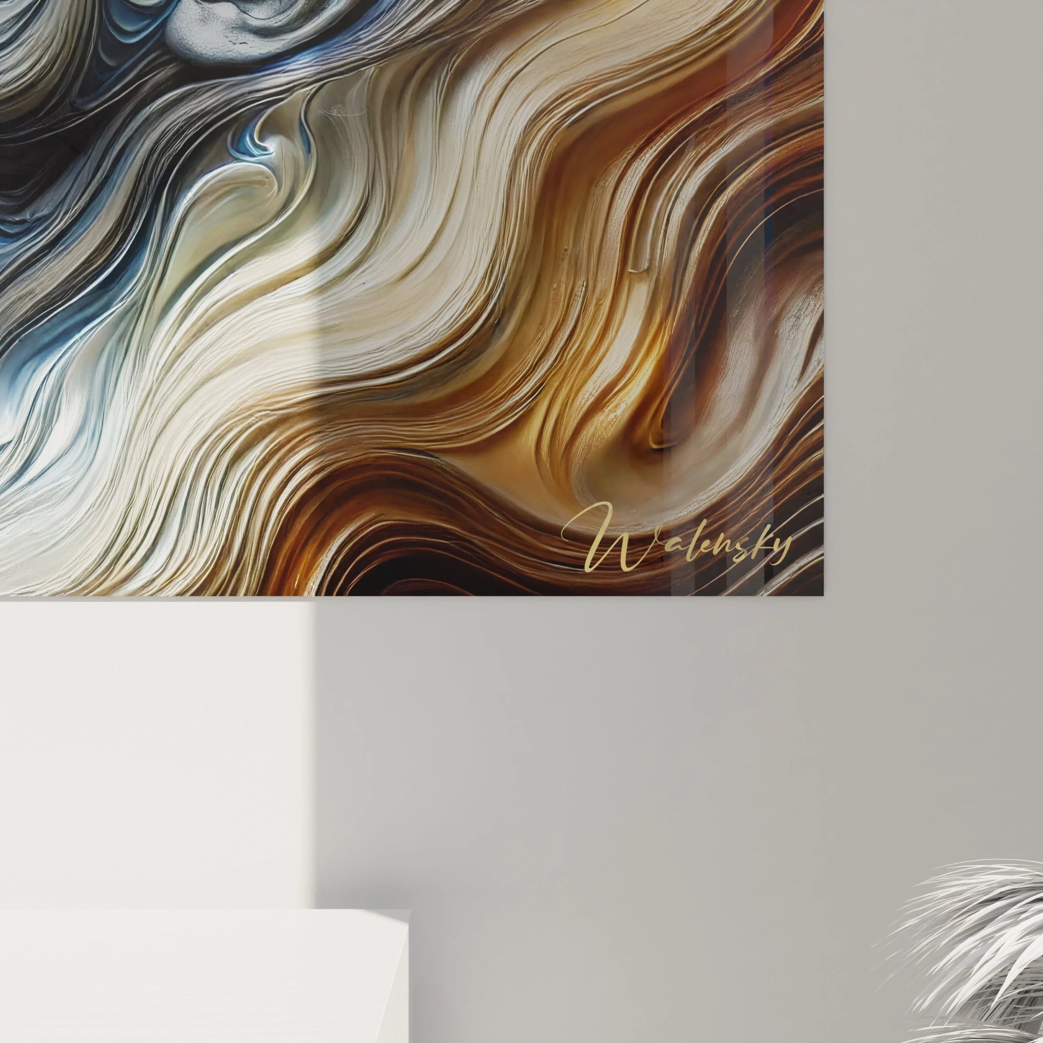 Vue rapprochée d'un tableau amour révélant des textures fluides et des nuances métalliques qui illustrent la force et la fragilité d'un lien émotionnel puissant.