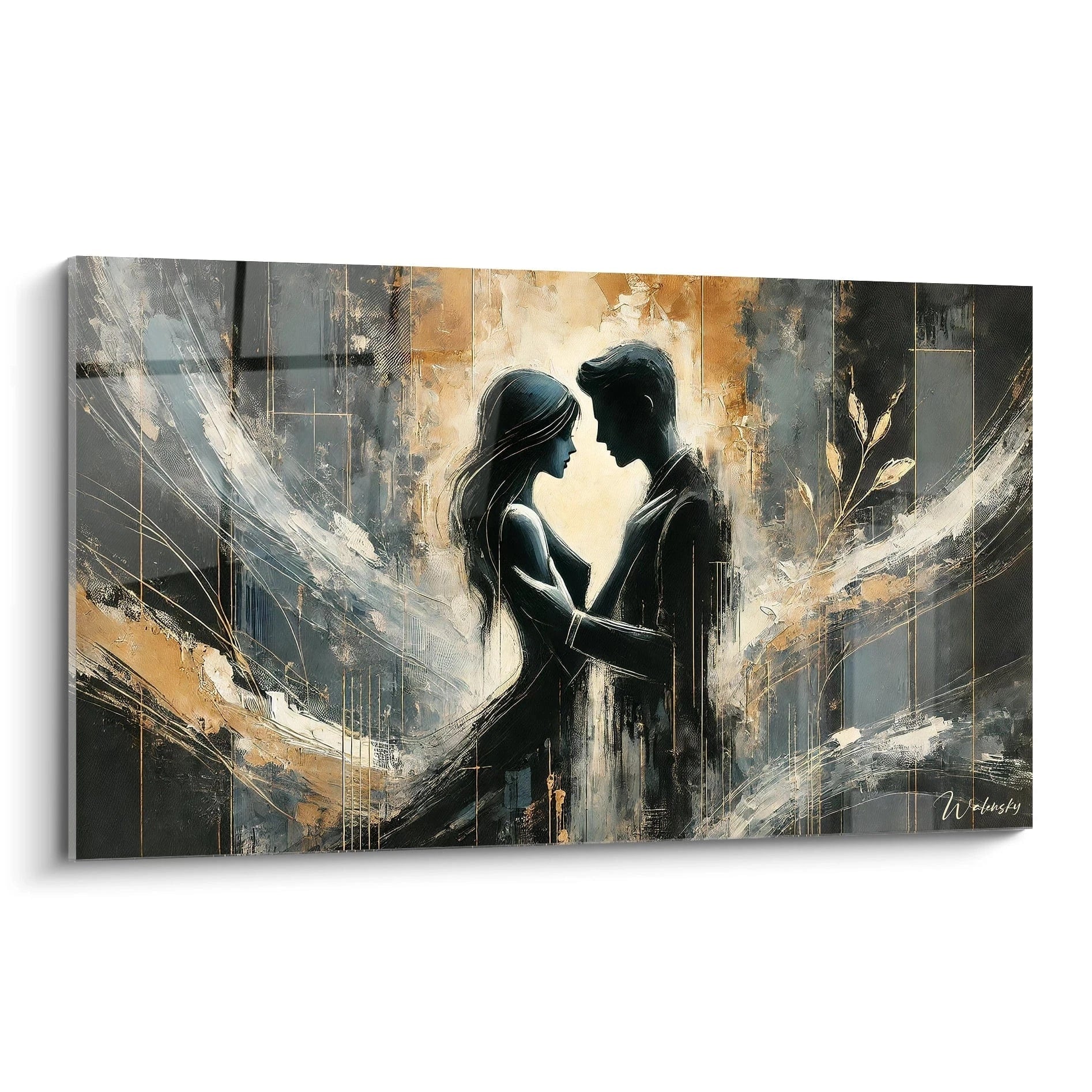 Admirez ce tableau amour vu de biais, une œuvre unique qui capture la douceur et l’intimité à travers des contrastes subtils et des éclats d’or.