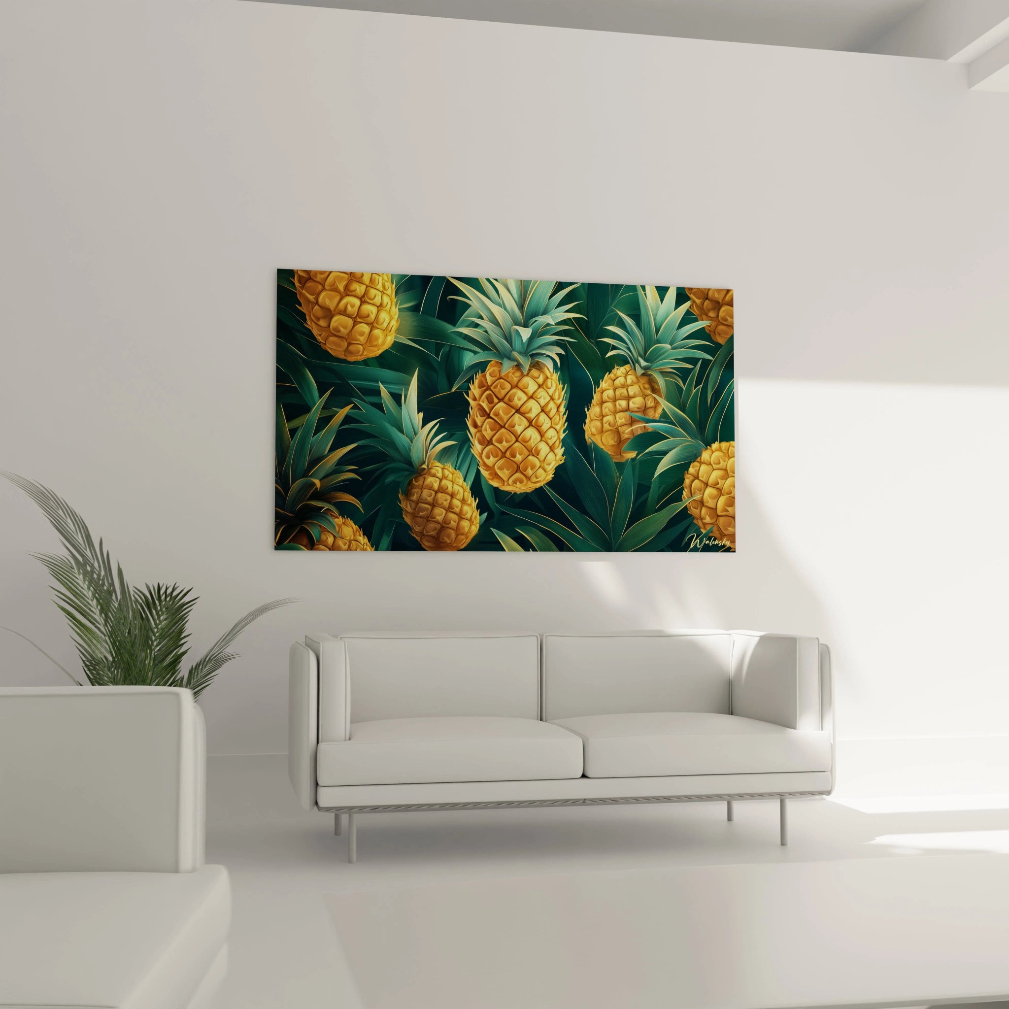 Un tableau ananas représentant une composition de plusieurs ananas en or et vert, avec une texture détaillée et des feuilles aux nuances bleu-vert contrastant avec un arrière-plan sombre.