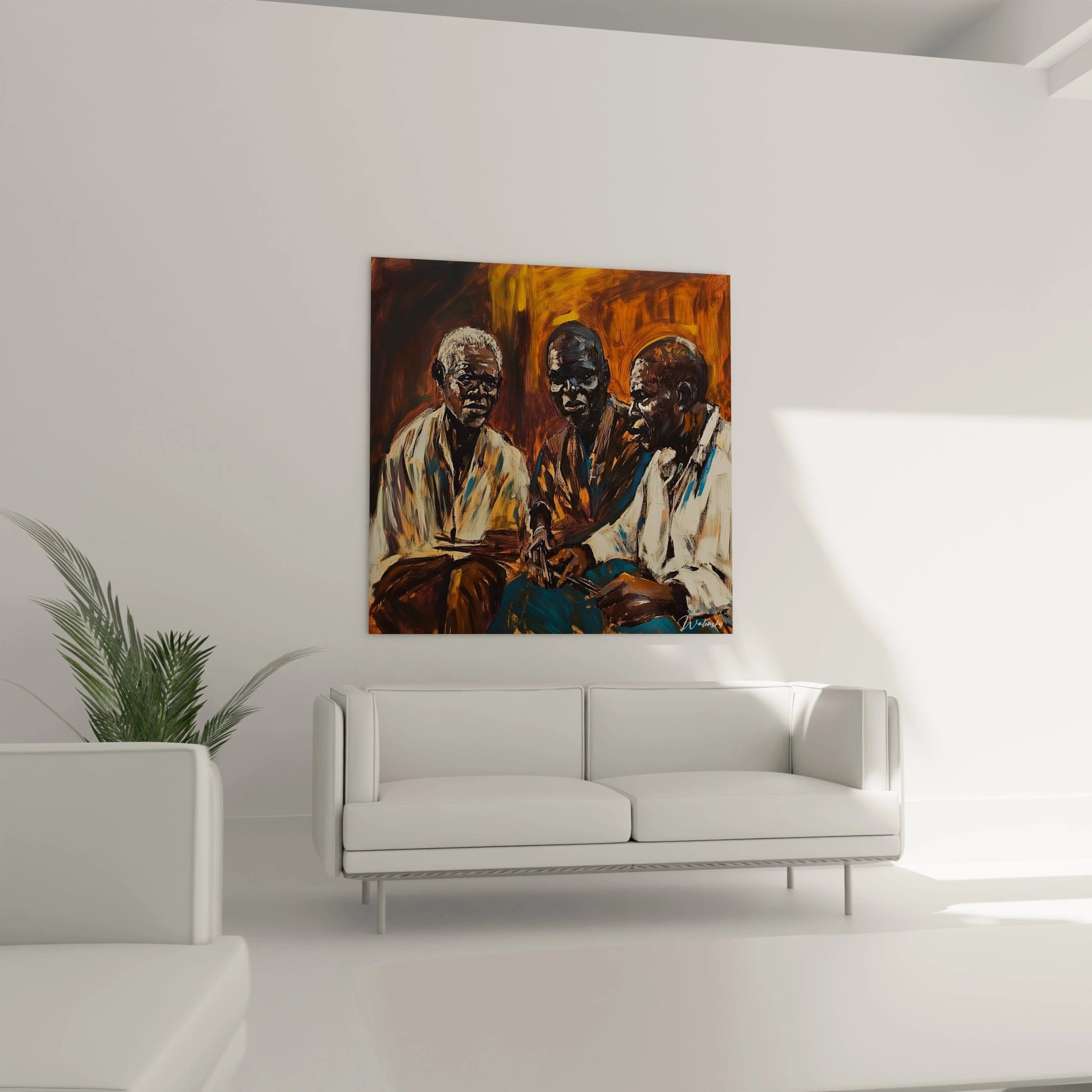 Tableau africain mural Walensky représentant trois hommes africains assis avec un fond orange vif dans un salon moderne