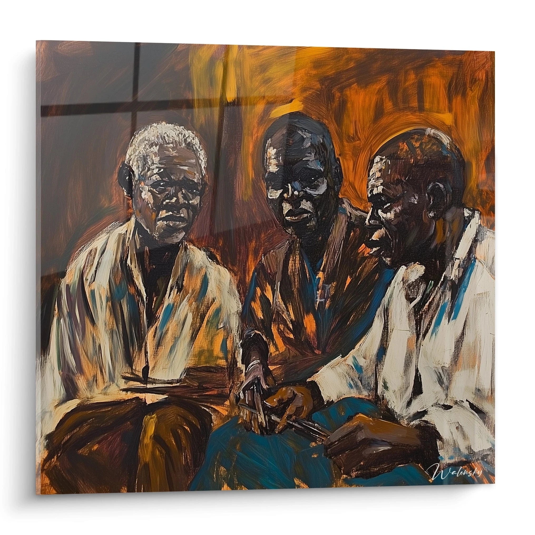 Tableau africain mural Walensky représentant trois hommes discutant avec des couleurs chaudes et un style artistique vibrant