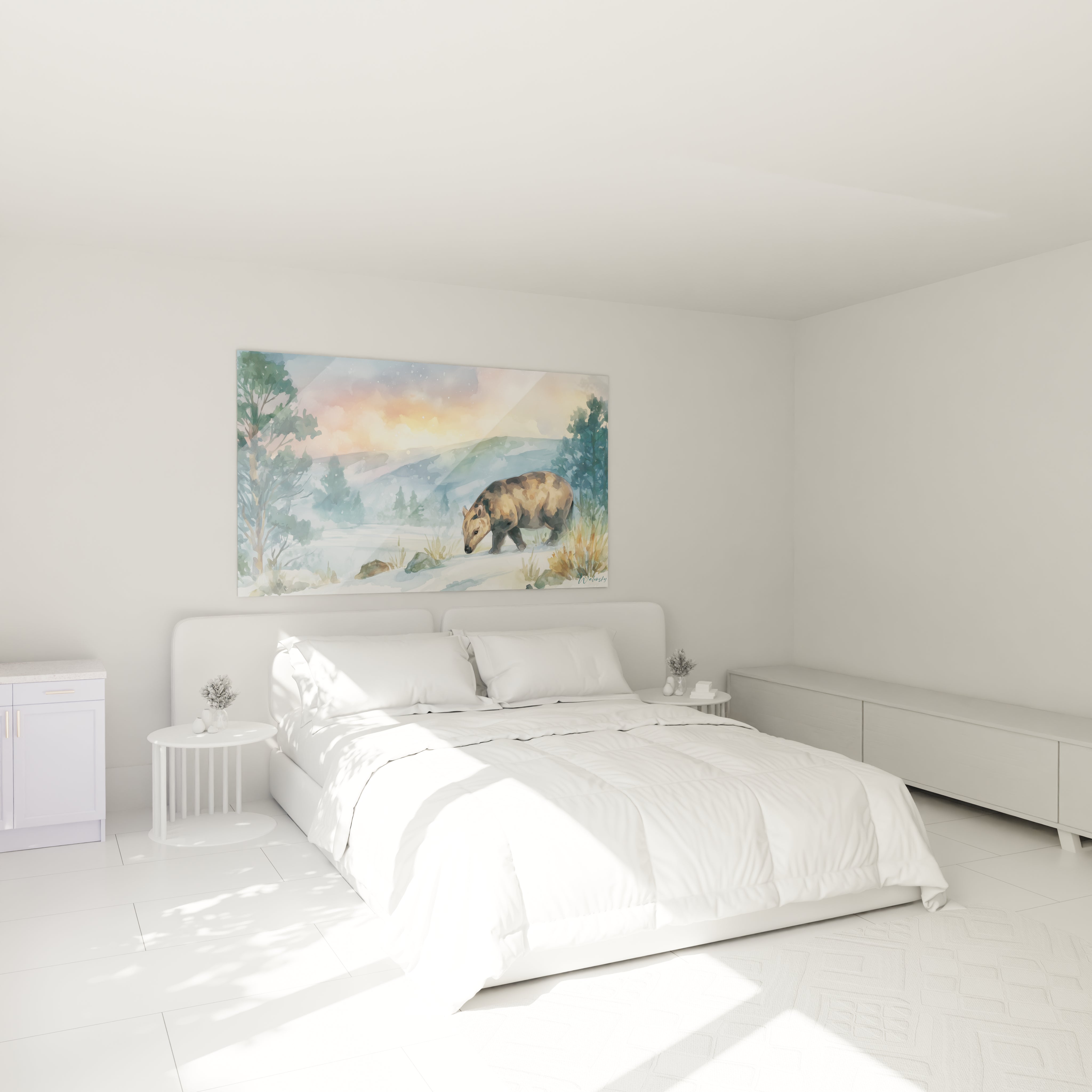 Tableau Andrewsarchus en ambiance chambre, décoration murale préhistorique pour espace de repos contemporain