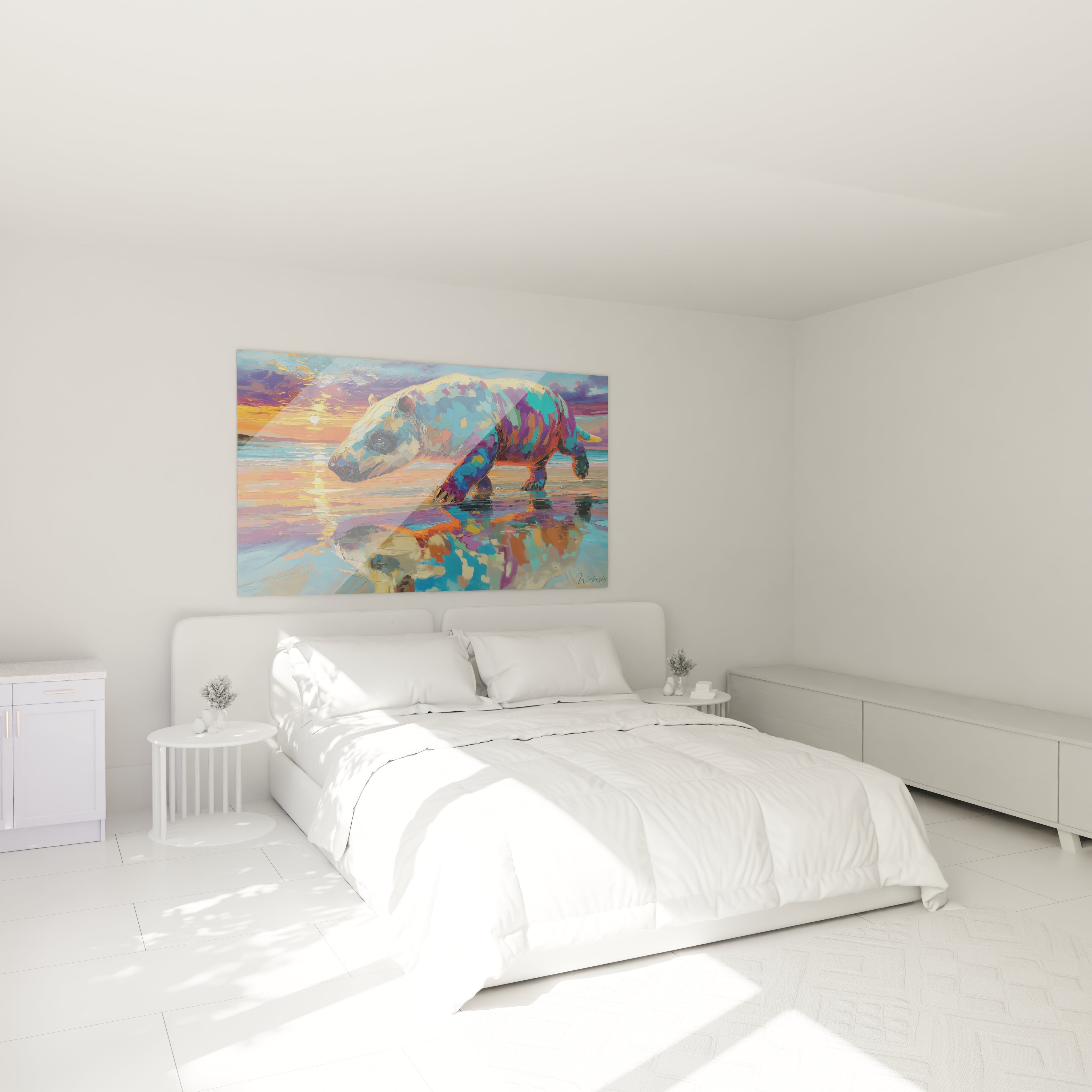 Tableau Andrewsarchus coloré décorant une chambre moderne avec reflets aquatiques