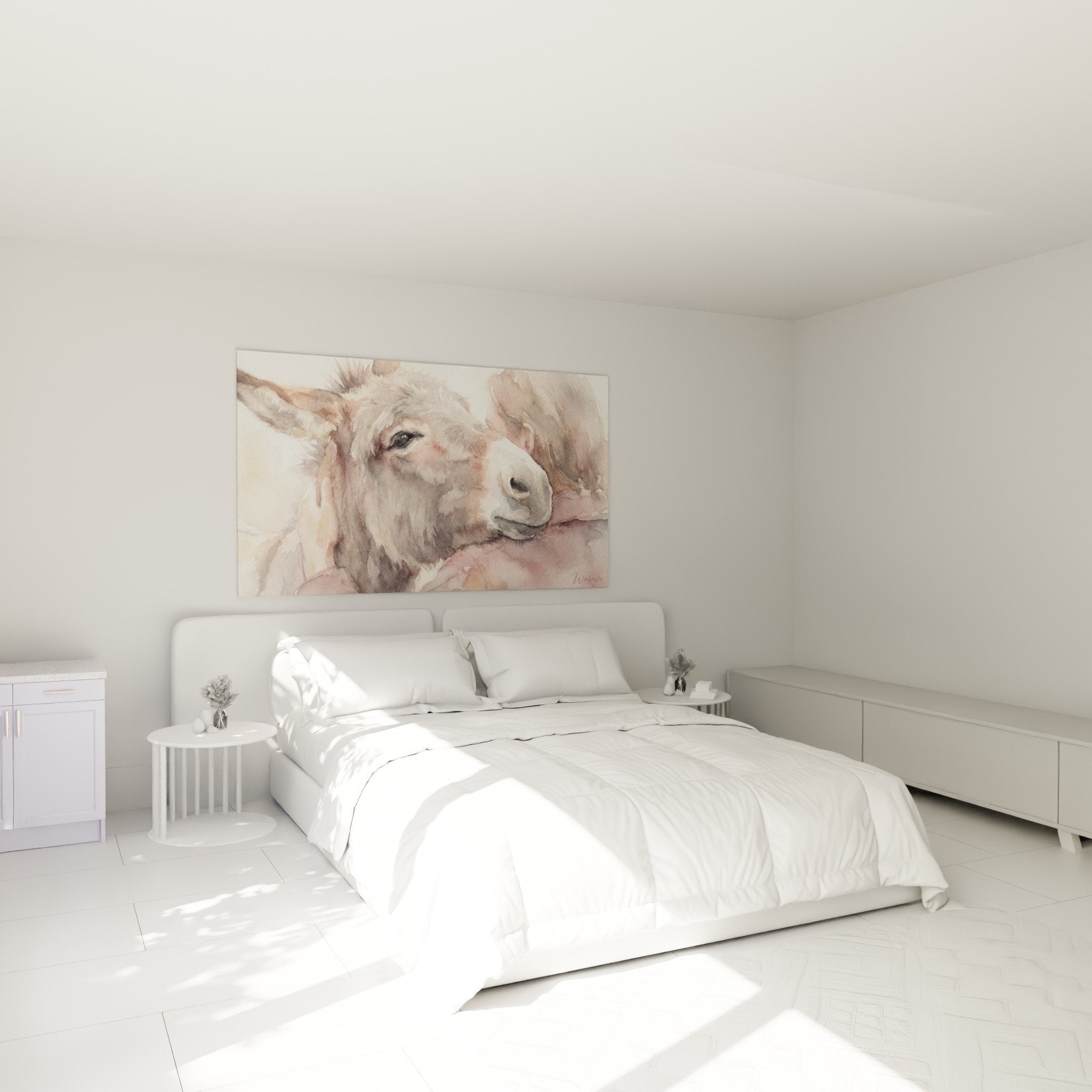 Aquarellbild Esel in Rosatönen im modernen Schlafzimmer, sanfte und beruhigende Wanddekoration