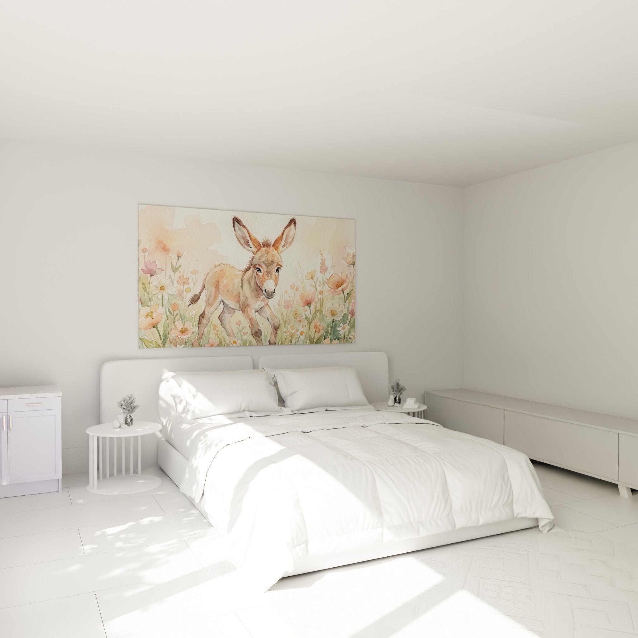 Aquarellbild kleine Esel Blumen Pastellfarben Kinderzimmerdeko sanfte Atmosphäre