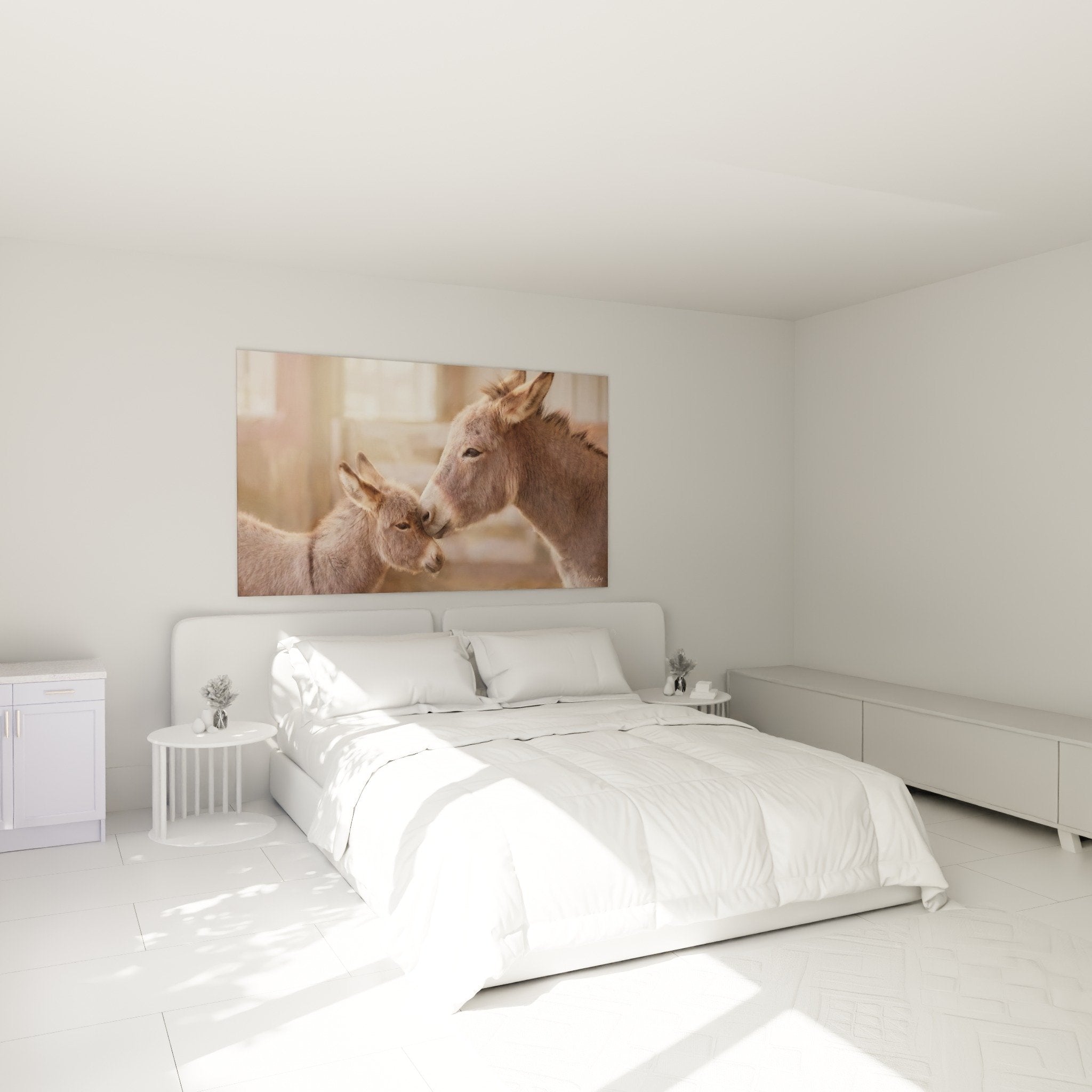 Bild einer liebevollen Mutter-Esel in Beige im gemütlichen Schlafzimmer, warme Wanddekoration in natürlichen Tönen