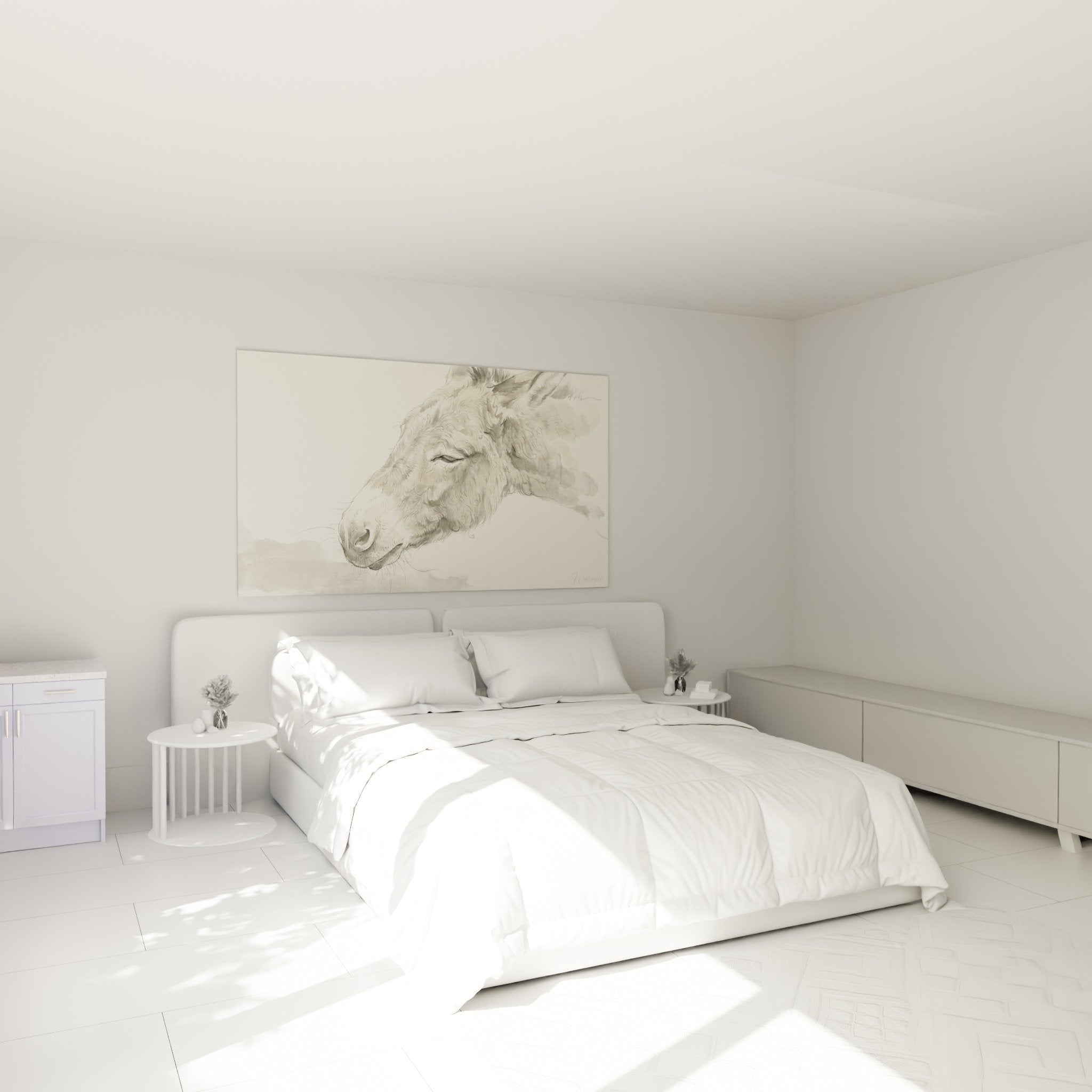 Wandbild Porträt eines beigen Esels aufgehängt in einem Elternschlafzimmer mit neutralen Tönen