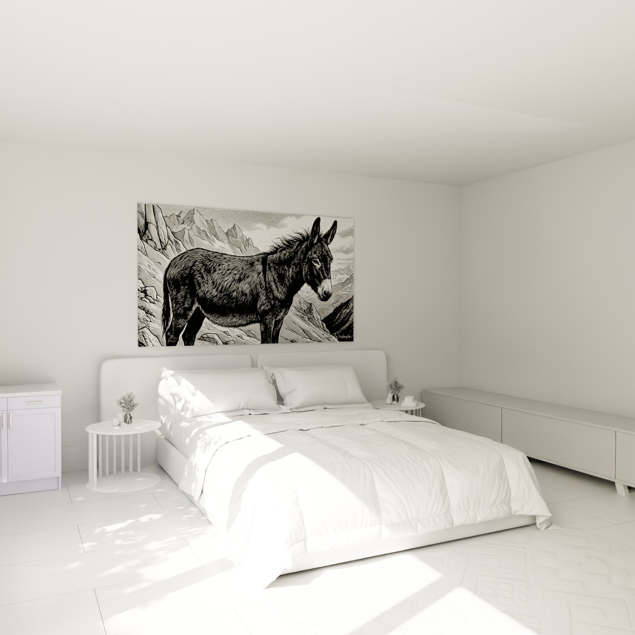 Esel-Gravur-Kunstdruck Berge im Schlafzimmer, authentische Schwarz-Weiß-Wanddekoration
