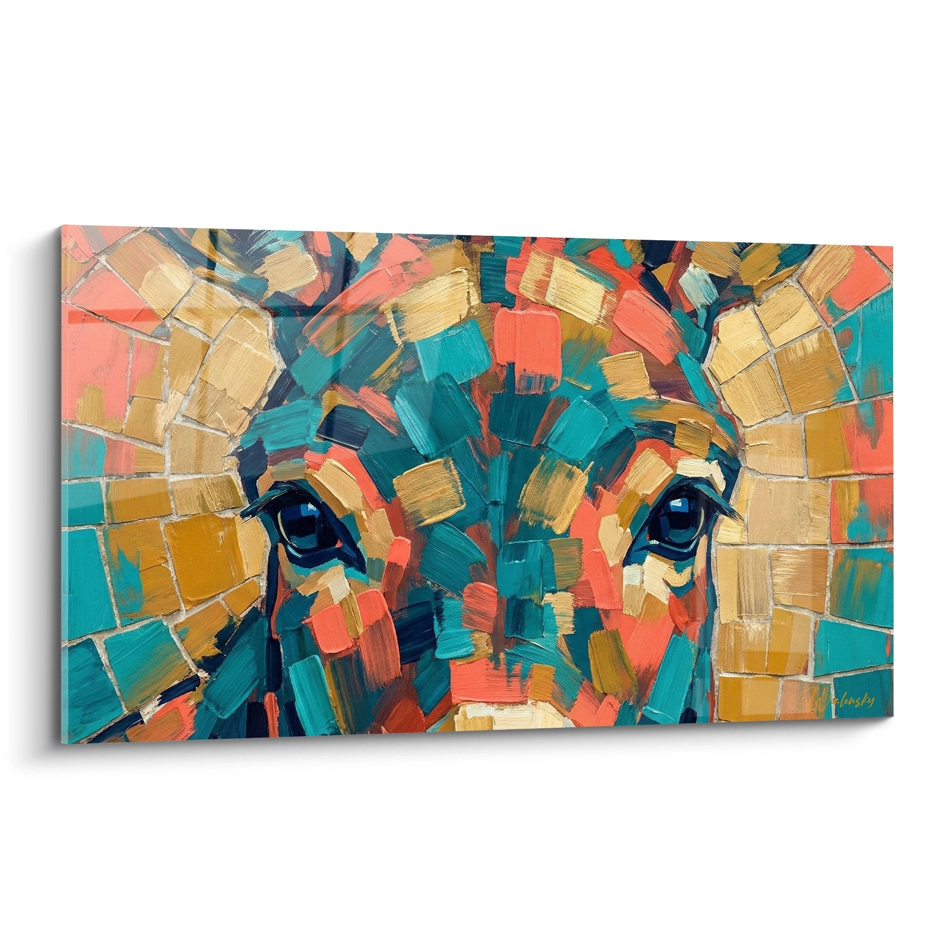 Donkey wall art expressionist mosaic style turquoise coral gold colors deep blue eyes contemporary art
