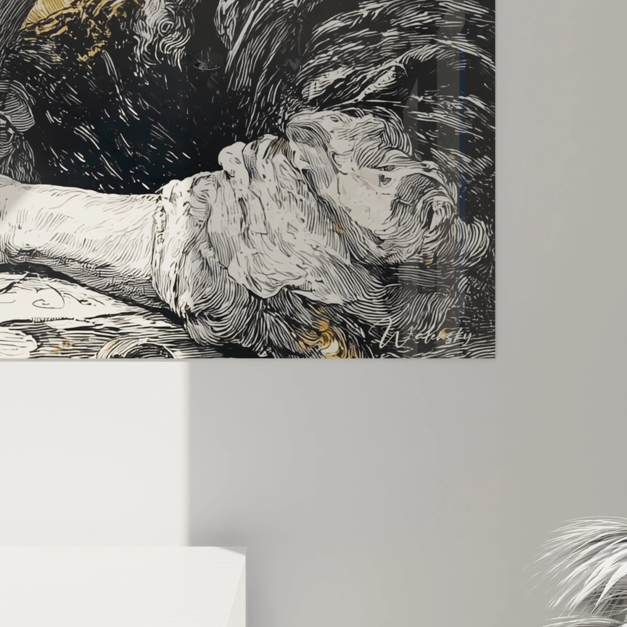 tableau ange baroque Walensky gros plan sur bras et tissu plisse noir et blanc avec touches dorees