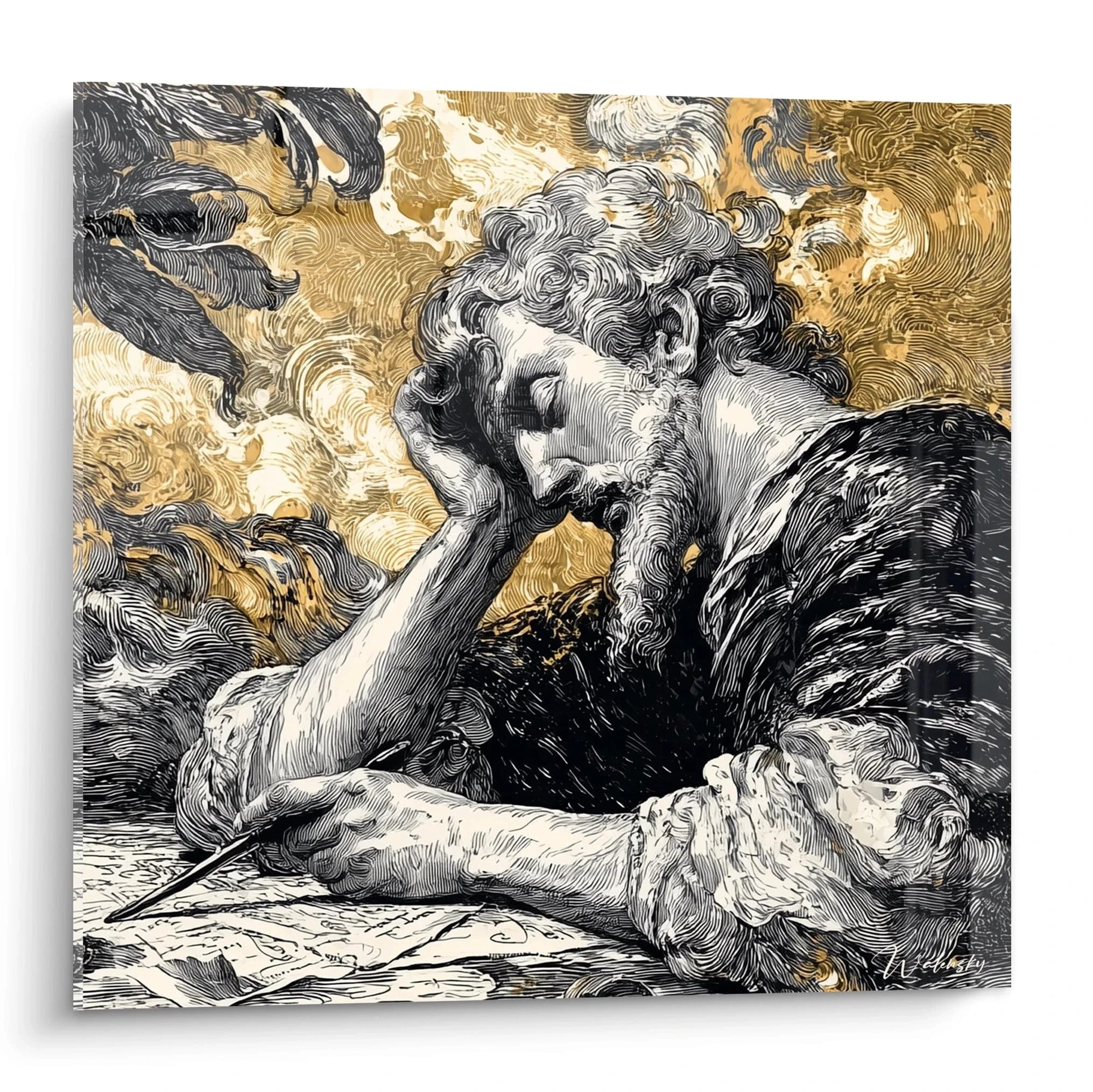 tableau ange baroque Walensky portrait ange baroque contemplatif écrivant à la plume sur fond doré