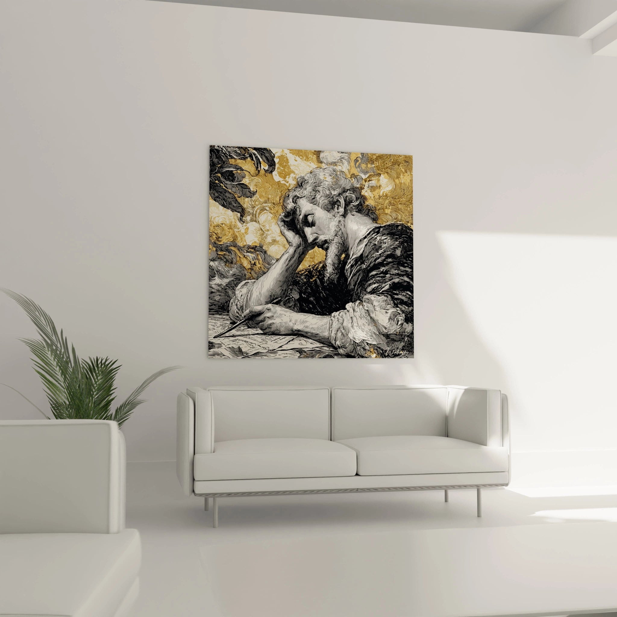 tableau ange baroque Walensky représentant un ange pensif en doré et noir, tableau mural carré au dessus d'un canapé