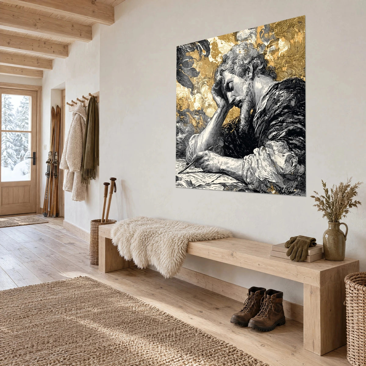 Quadro poeta addormentato, guancia appoggiata alla mano, riccioli grigi e nuvole dorate su fondo nero, ingresso di chalet in legno chiaro
