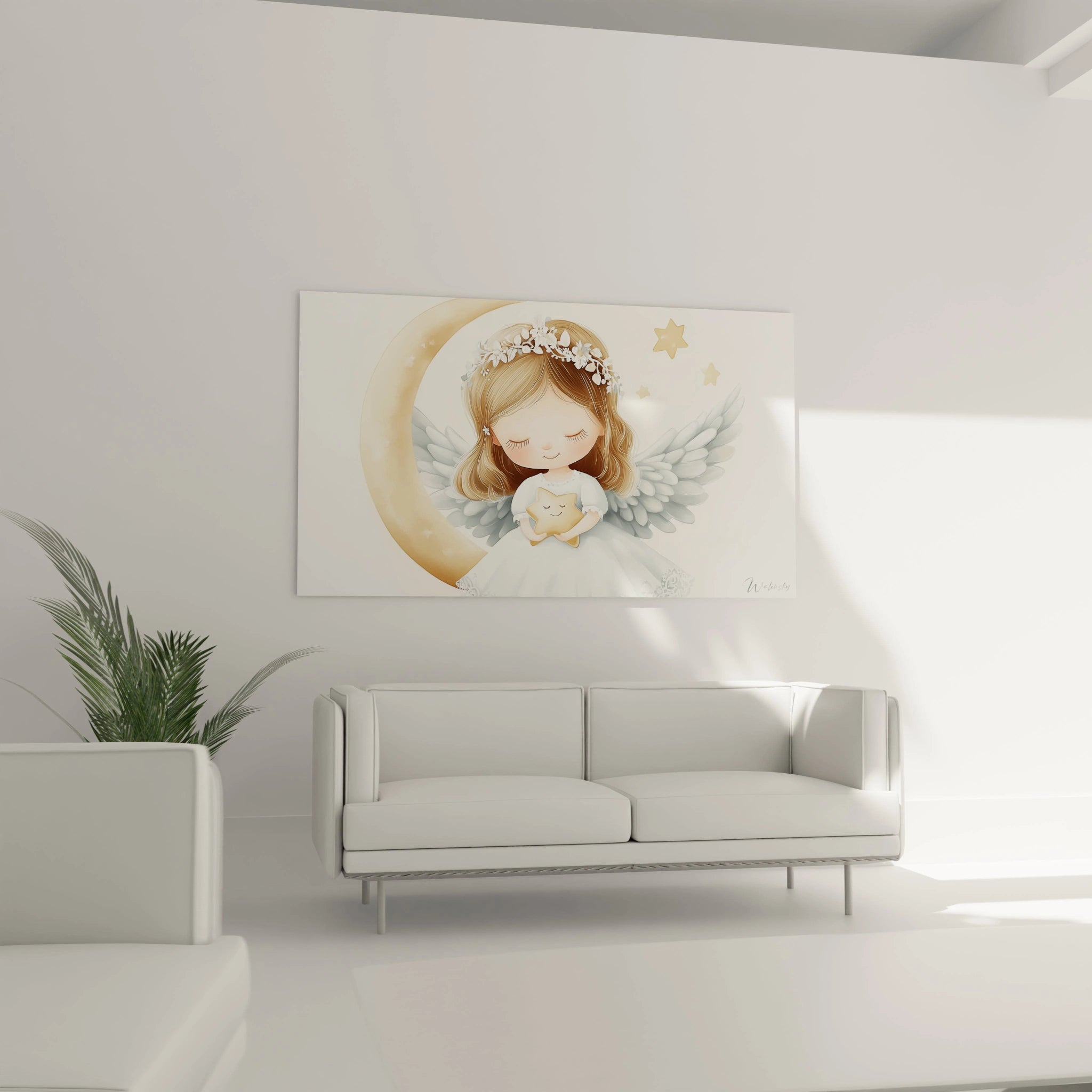 Un tableau ange pour enfant montrant une silhouette enfantine aux yeux fermés, vêtue de blanc, tenant une étoile dorée, entourée de plumes grises et de petits astres sur un arrière-plan beige et or.