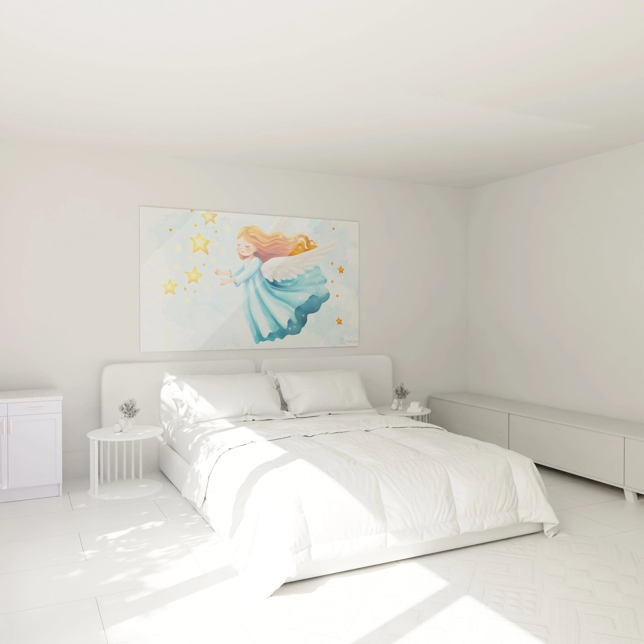 Un tableau ange pour enfant représentant un ange aux ailes blanches, flottant parmi des étoiles jaunes sur un fond bleu clair. La robe bleue de l'ange est fluide, avec des effets de dégradé subtils.