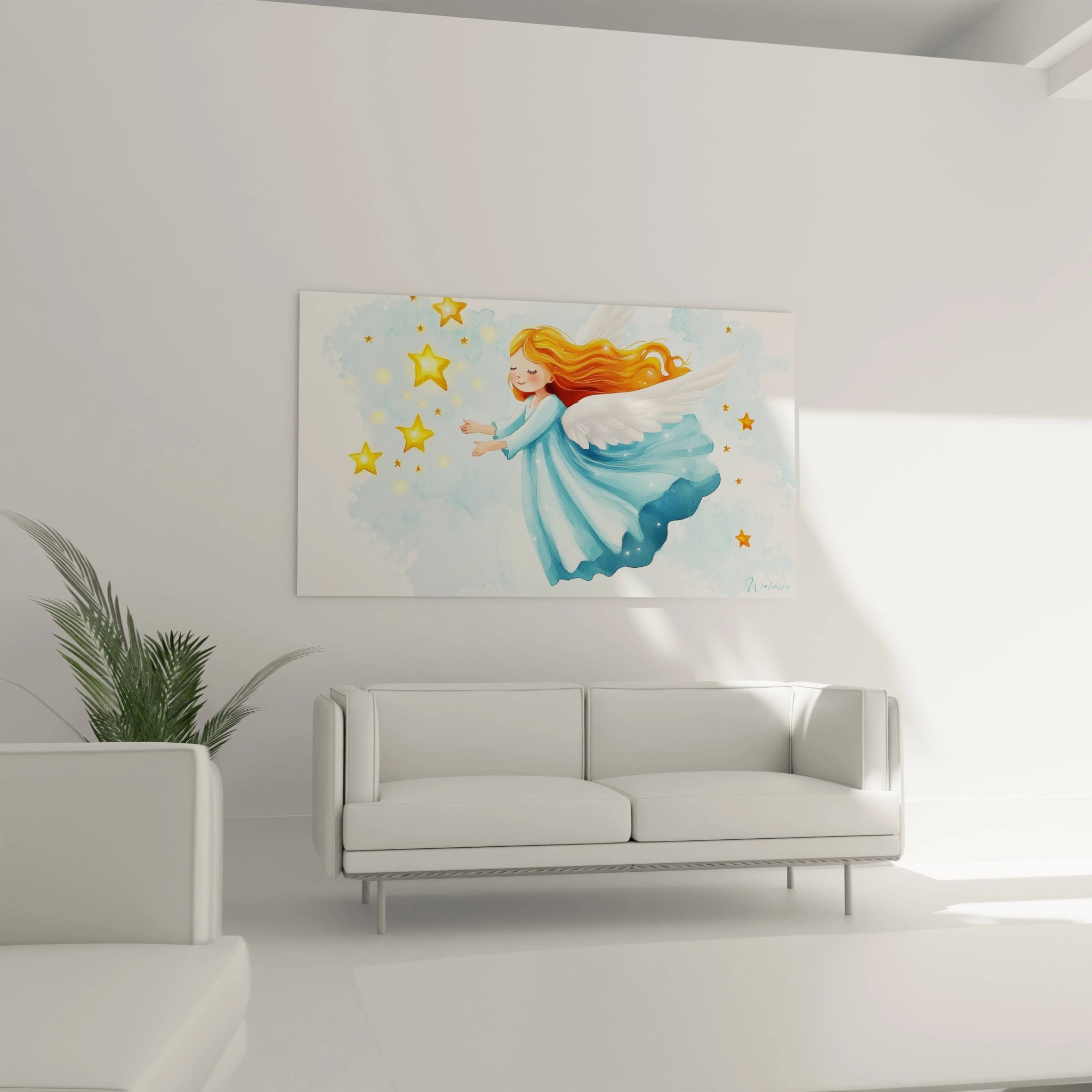 Ce tableau ange pour enfant montre un personnage angélique avec des ailes blanches, une robe bleu clair et des cheveux roux. Des étoiles jaunes dispersées sont visibles sur un fond lumineux et texturé.