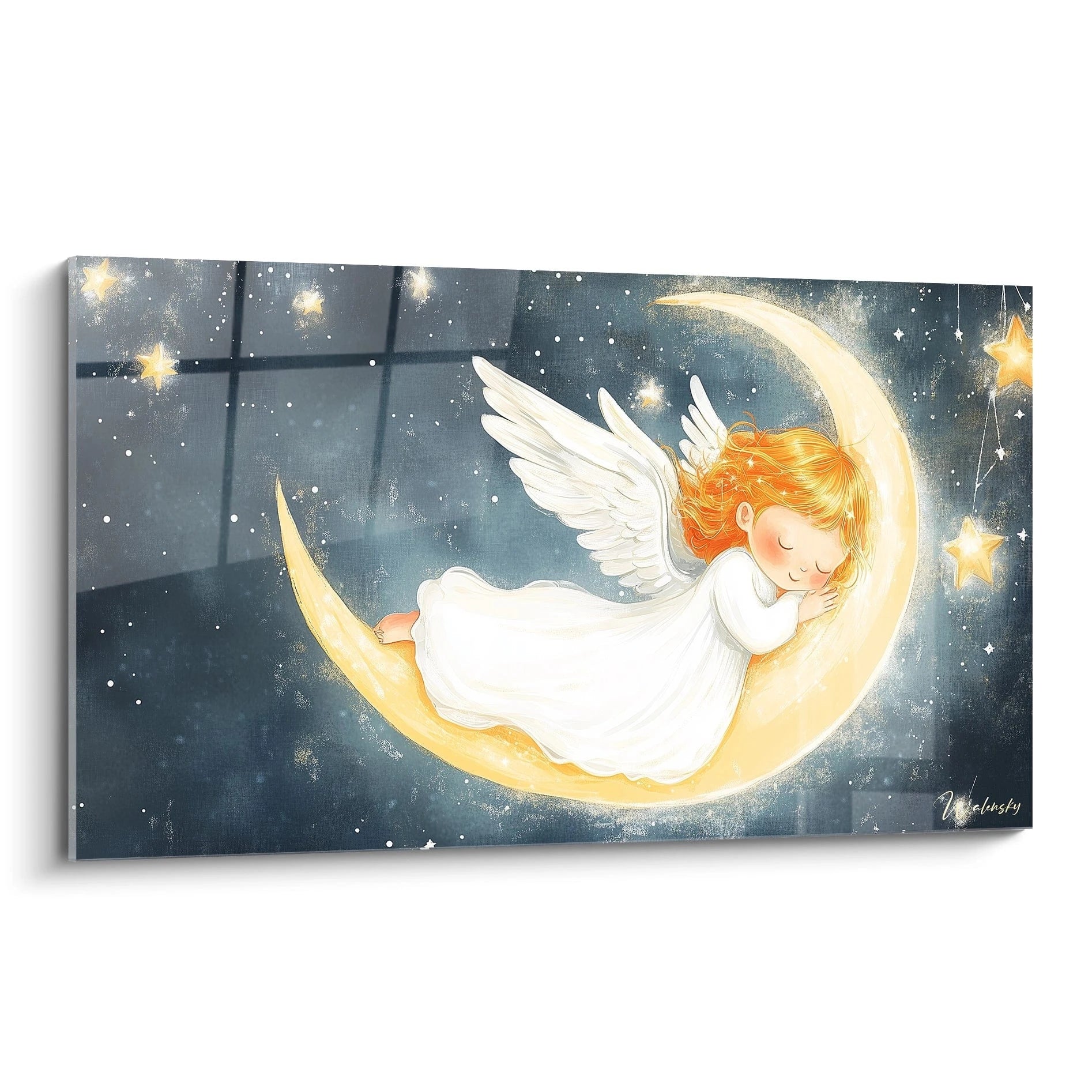 Un tableau ange pour enfant représentant une figure ailée endormie sur un croissant de lune, avec des teintes bleu nuit, or et blanc, et des effets de lumière diffuse sur un fond étoilé.