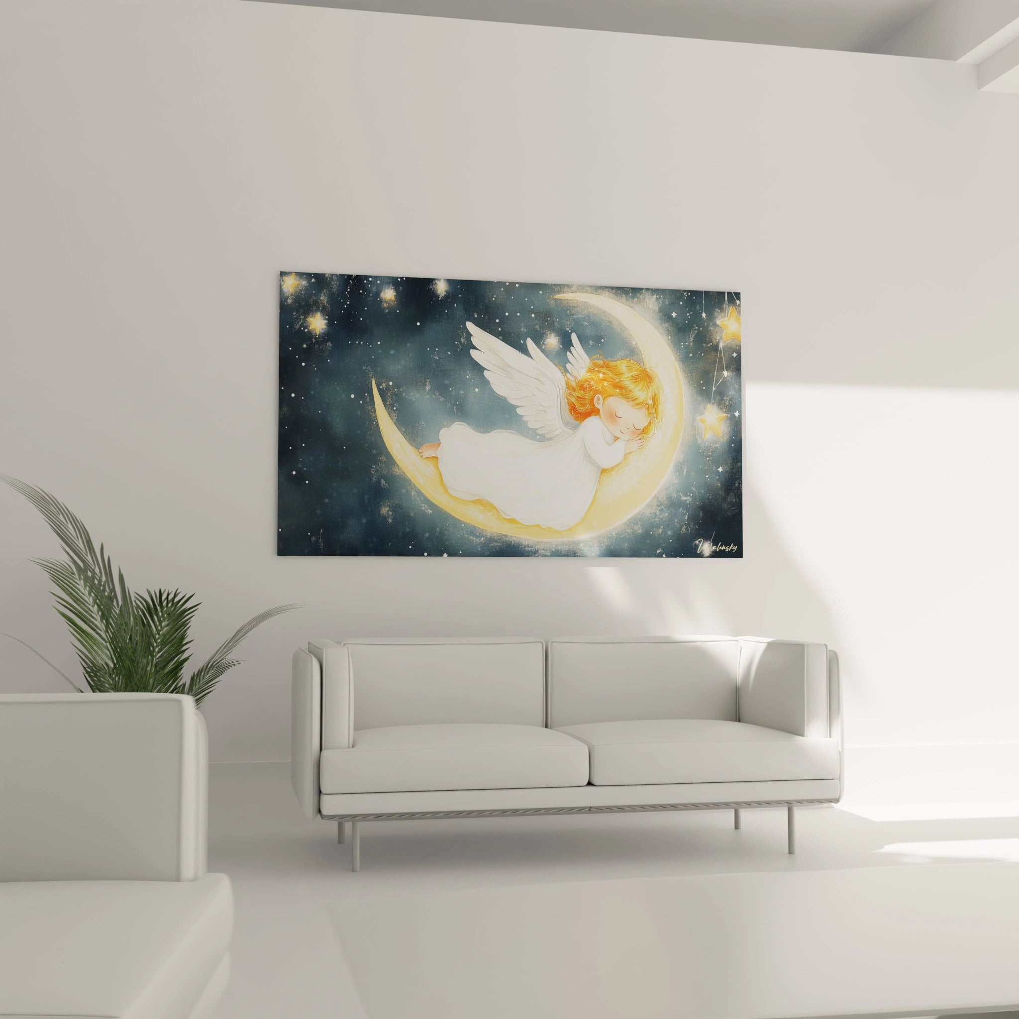 Un tableau ange pour enfant mettant en scène un ange aux ailes blanches, vêtu d’une robe fluide, flottant dans un ciel sombre avec des étoiles dorées et des nuances bleu marine.