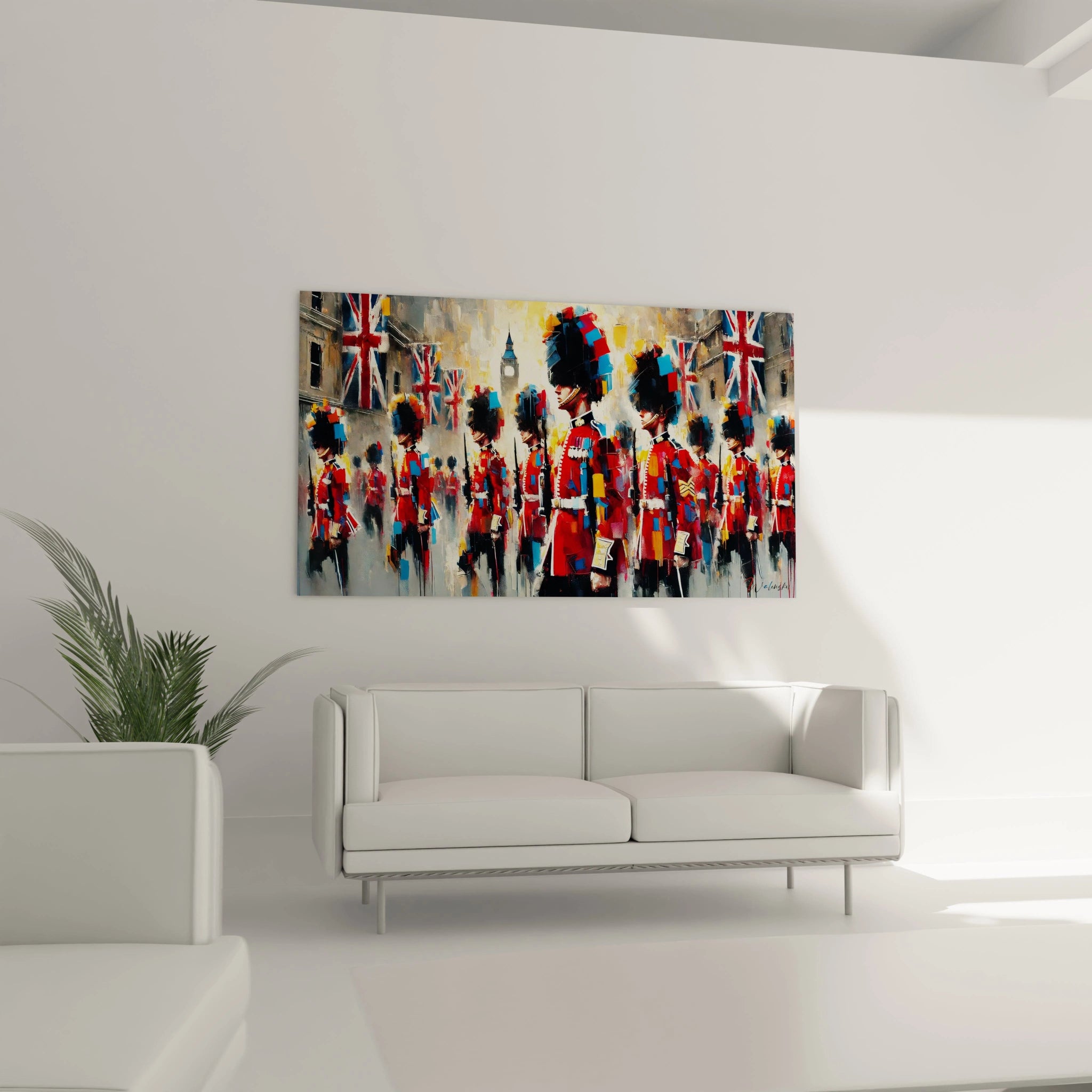 tableau Anglais au mur dans un salon au-dessus d’un canapé crée un point focal captivant avec ses textures modernes et ses couleurs vives, rappelant l’héritage de Londres et la tradition britannique.