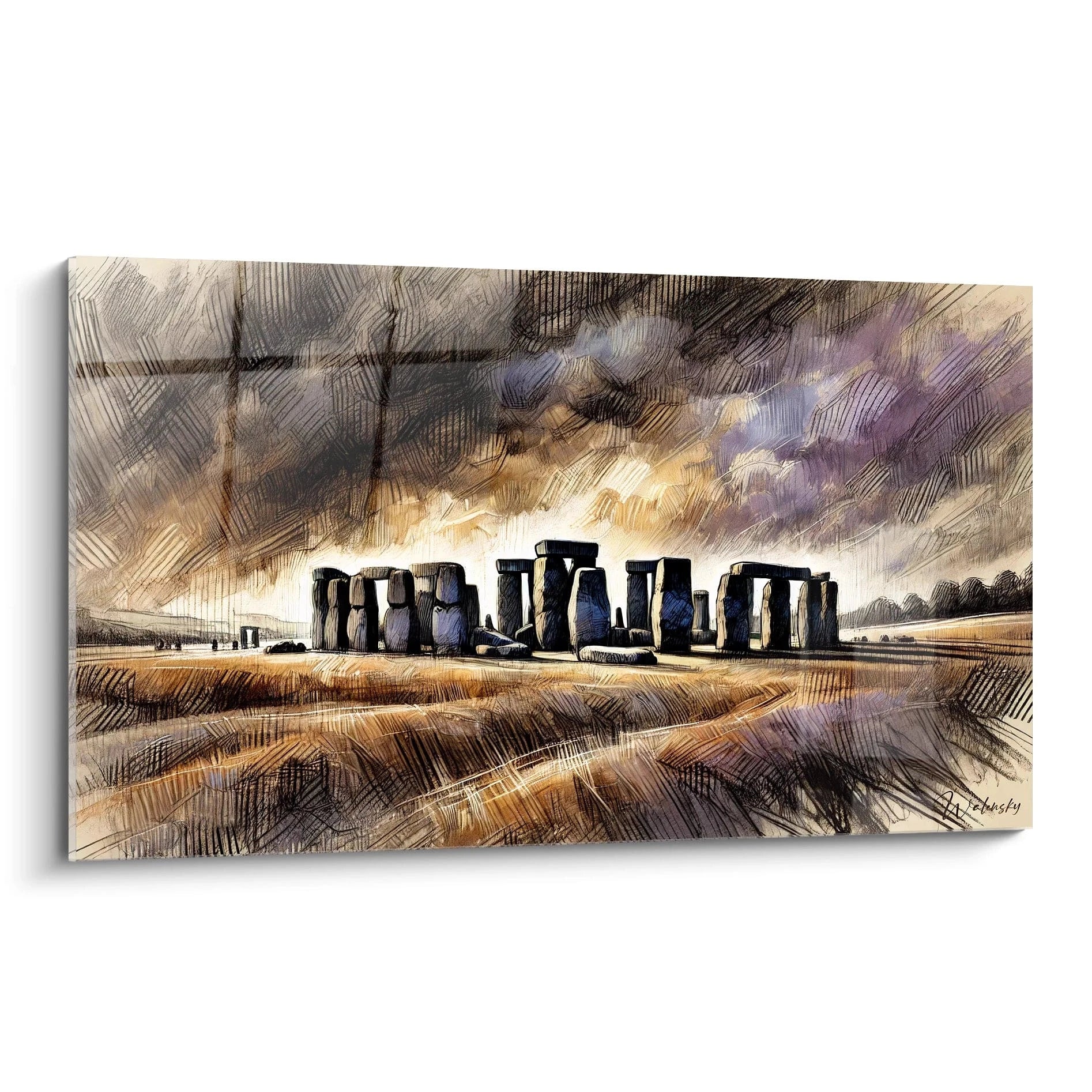 tableau Anglais vu de biais révèle la majesté de Stonehenge avec des textures brutes et des nuances de beige, gris et violet, évoquant le mystère et l’élégance intemporelle du paysage.