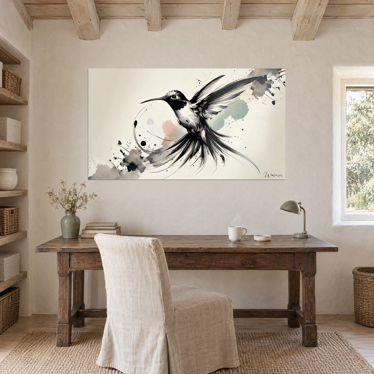 Wall art of a hummingbird engraved with a single ink stroke, black wings, grey clouds and aqua green, above an antique wooden desk