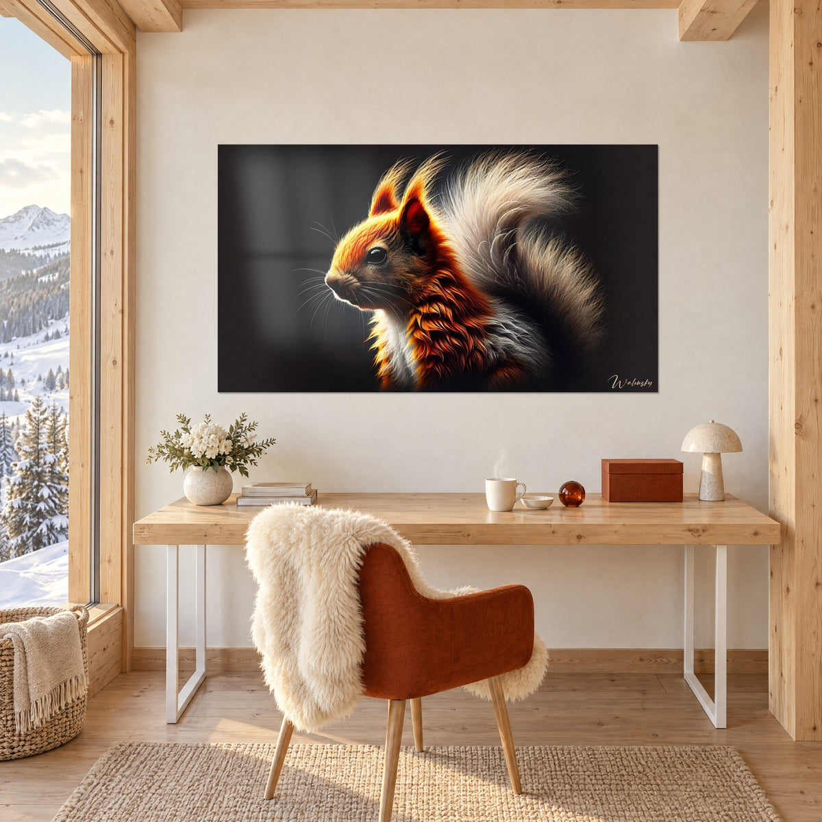 Wall art portrait of a squirrel with vivid orange fur and an ivory plume tail, mounted above a light wood desk