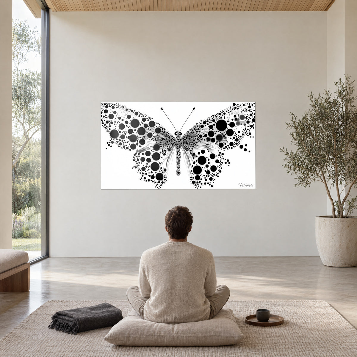 Cuadro belleza frágil en mariposa puntillista en blanco y negro, pared blanca, cojín gris y olivo en maceta en un amplio salón