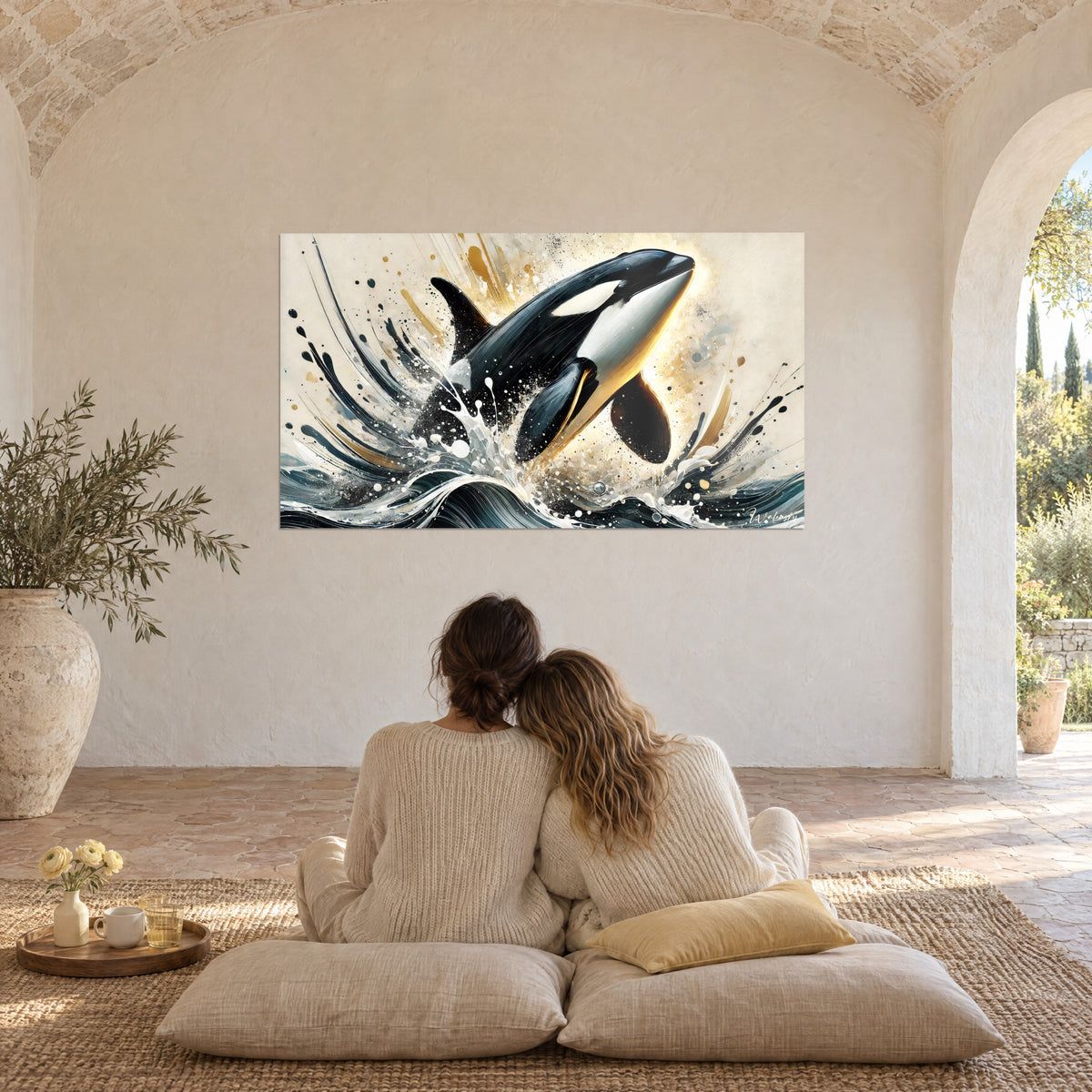 Gemälde Orca in einem Gischtschwall, ockerfarbene und schwarze Flecken auf elfenbeinfarbenem Grund, unter den weißen Gewölben eines provenzalischen Steinhauses