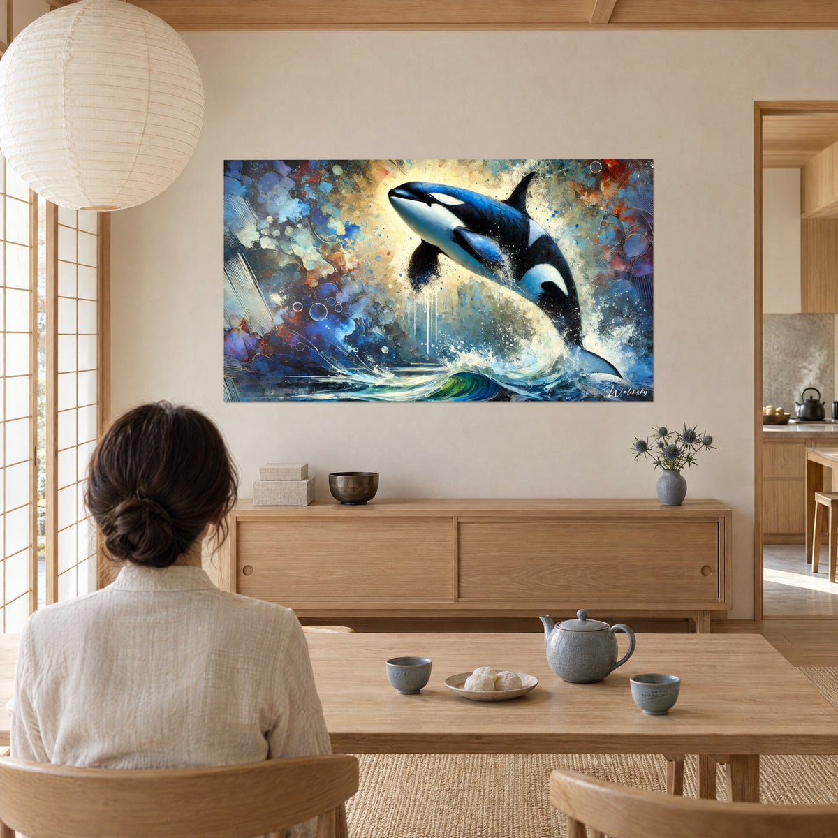 Quadro di un tursiope in bianco e nero in pieno balzo, bolle blu e macchie arancioni, due persone di spalle accanto a un tavolino basso in legno