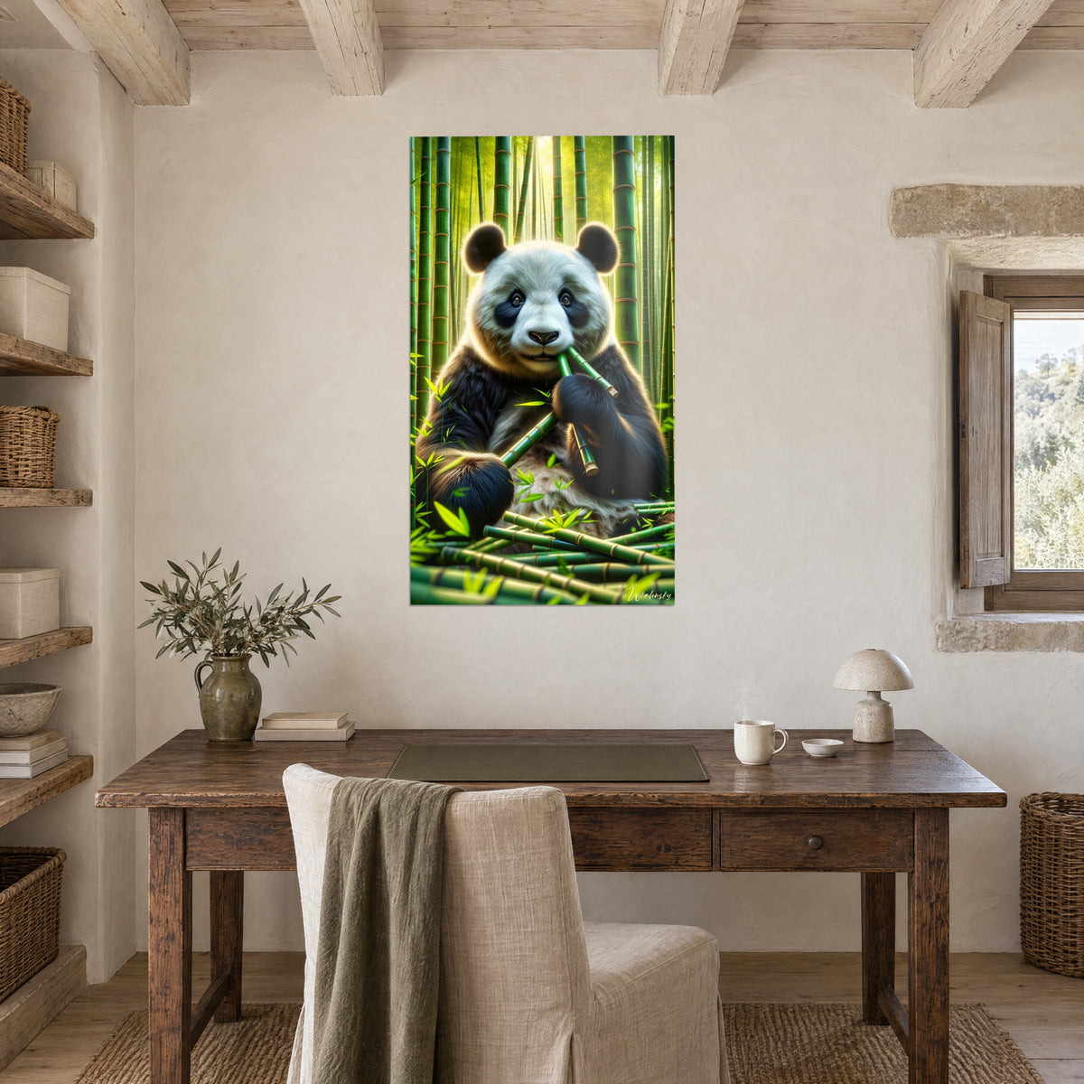 Gemälde mit einem Panda unter dem Blätterdach aus Bambus, cremefarbenes und schwarzes Fell, goldene Sonnenstrahlen, weiße Bürowand aus Holz, Regale und Fenster