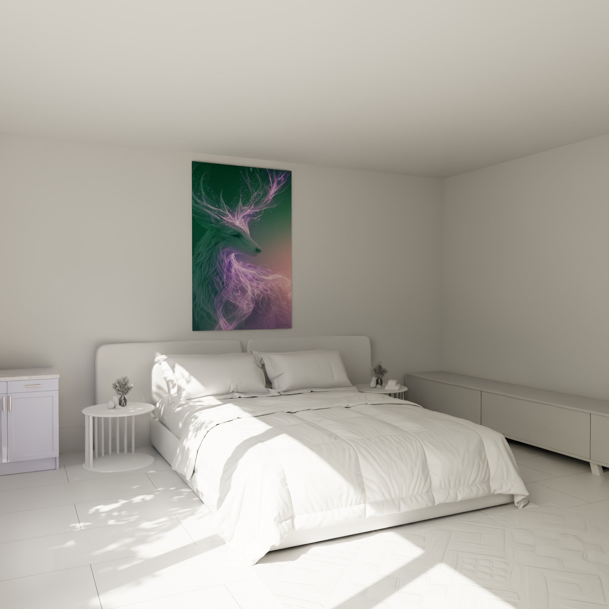 Silhouette de cerf mystique violette et verte, œuvre Animaux spectraux au-dessus d'un lit dans une chambre claire