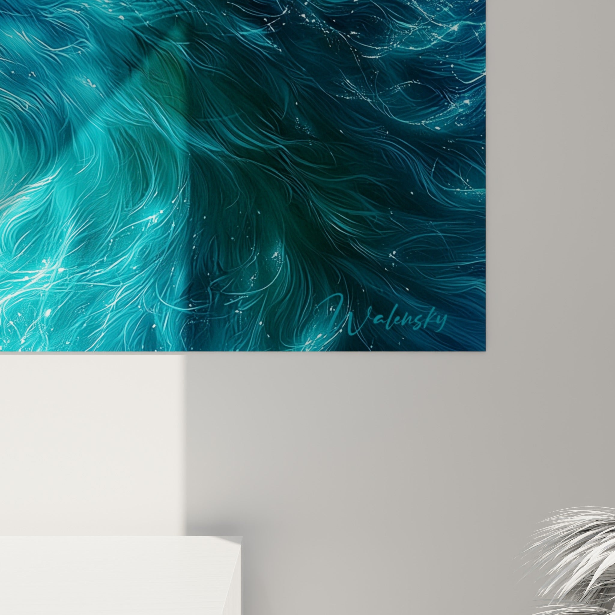 Détail des mèches turquoise et blanches entrelacées, texture d'impression fine révélant chaque filament lumineux