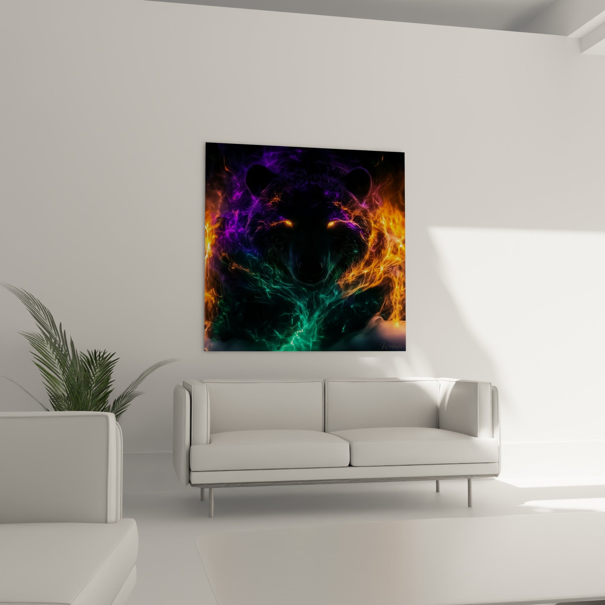 Silhouette de loup entourée de vert émeraude et orange au-dessus d'un canapé dans un salon lumineux