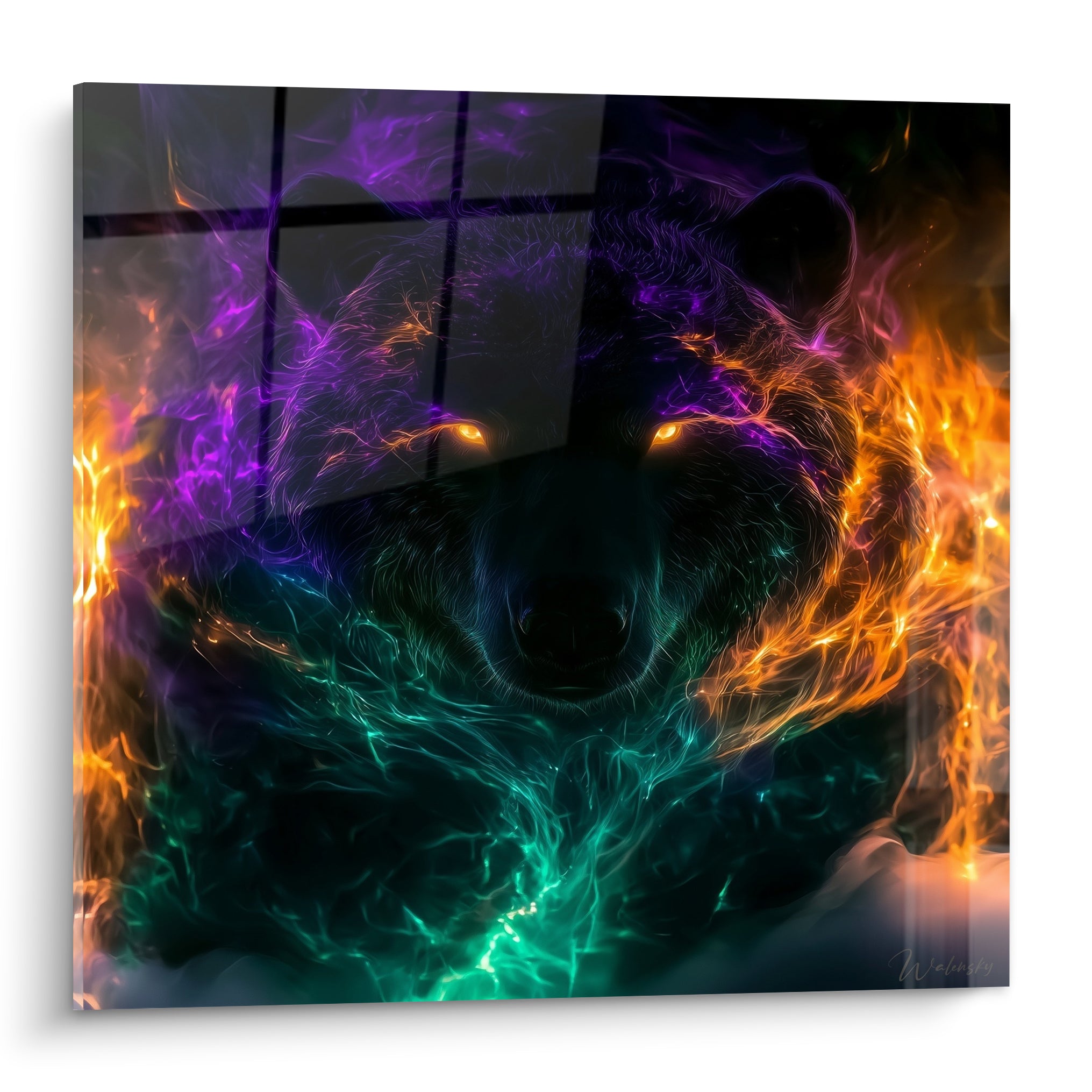 Loup spectral au regard ambré, flammes violettes et vertes sur fond anthracite intense