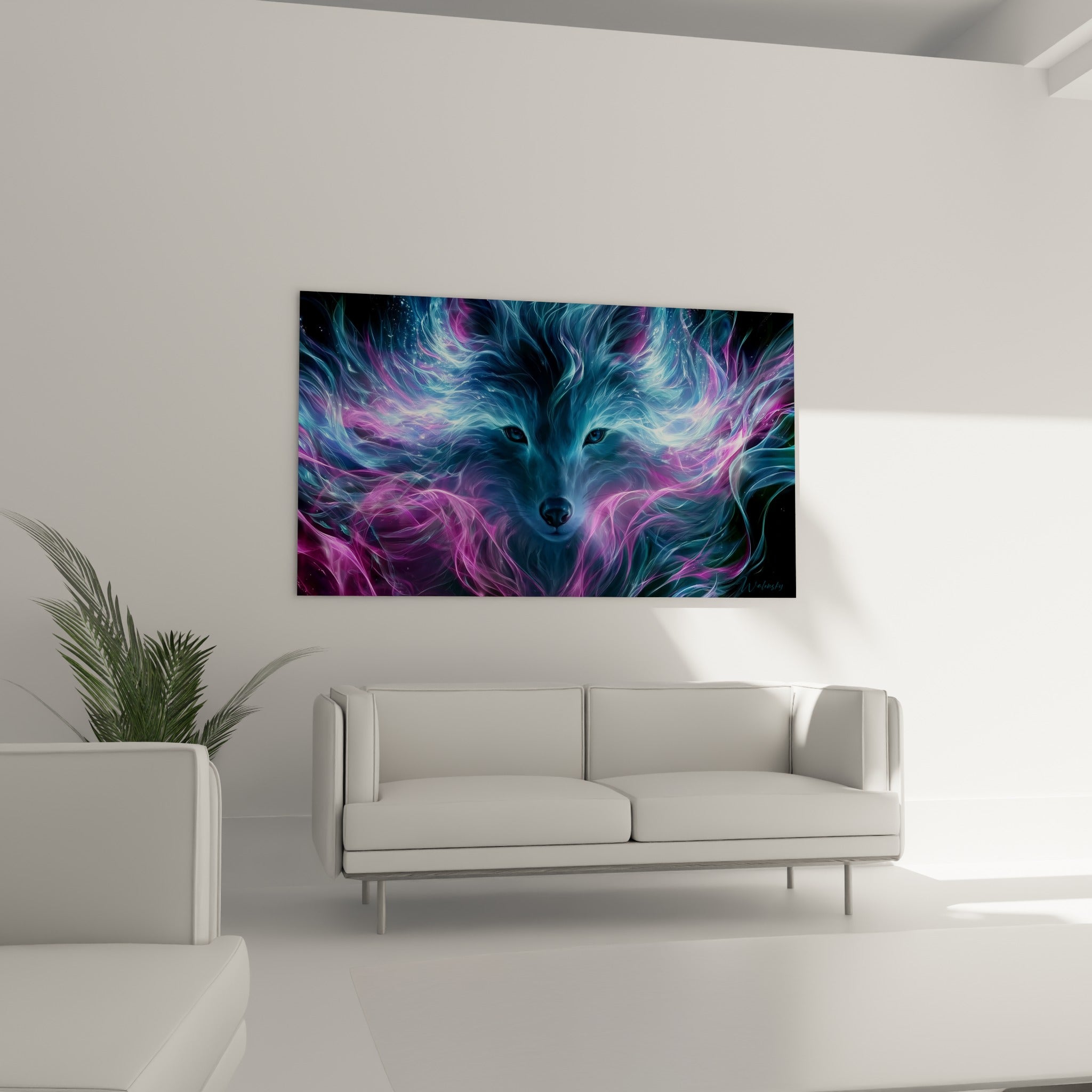 Regard intense d'un loup lumineux entouré de volutes turquoise et pourpres, au-dessus d'un canapé dans un salon lumineux